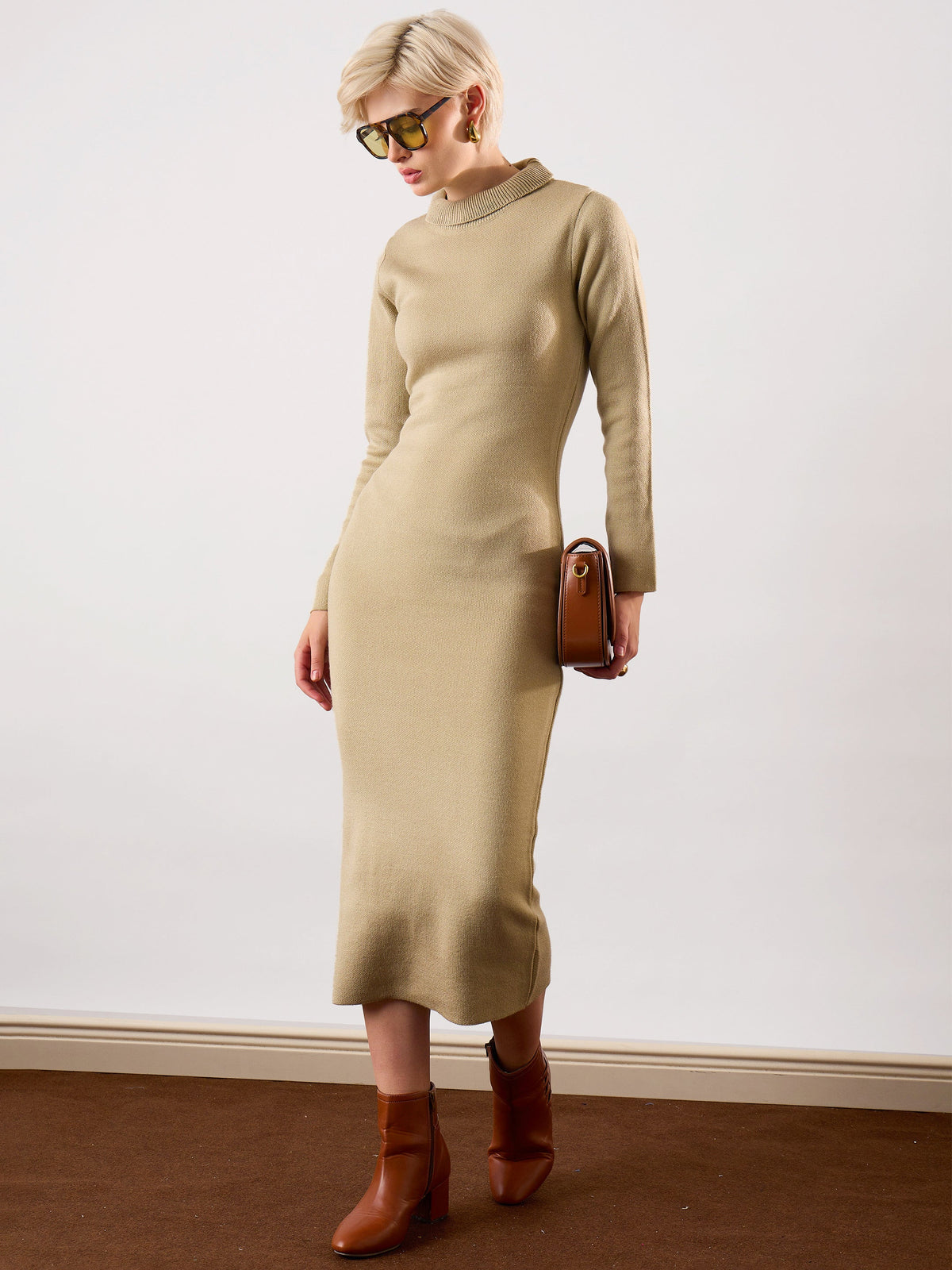 Beige Acrylic Wool High Neck Midi Dress-SASSAFRAS