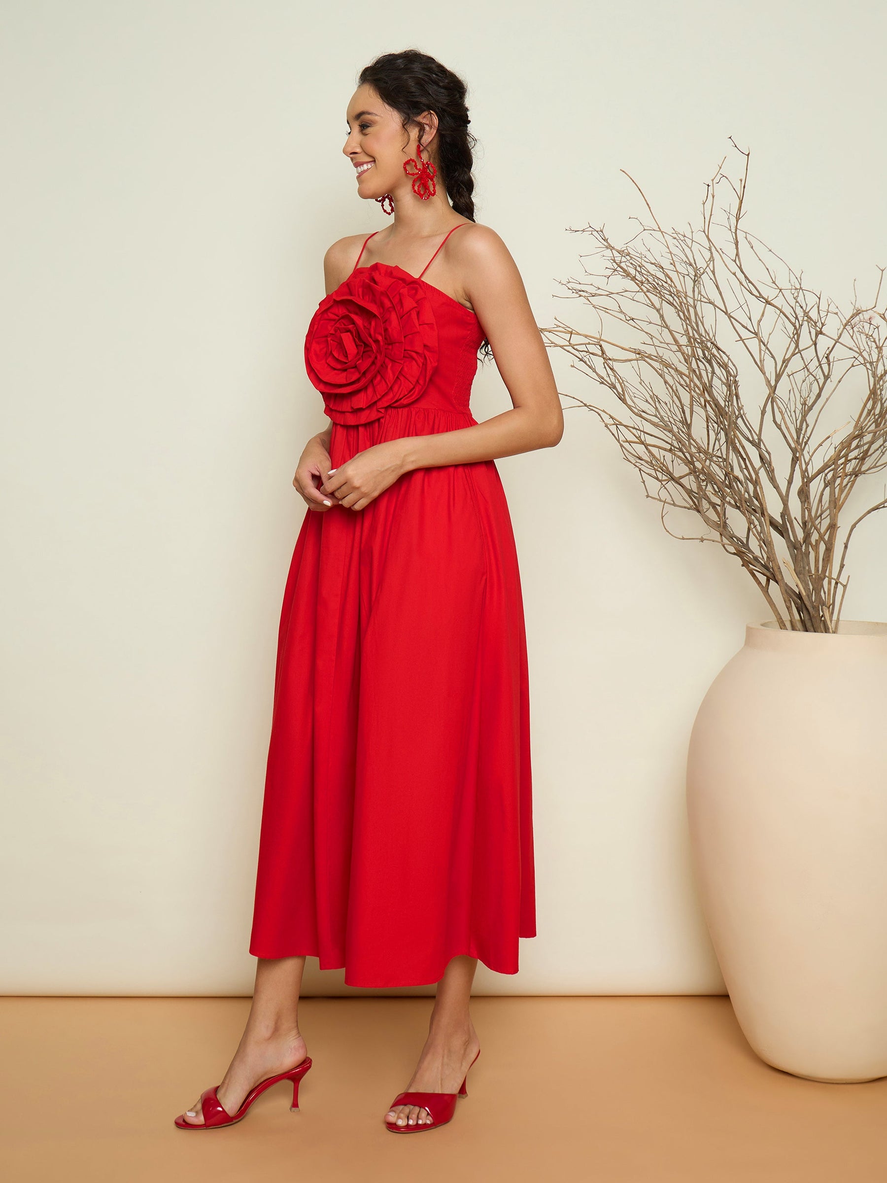 Red Poplin Front Corsage Strappy Maxi Dress-Pink Paprika By SASSAFRAS
