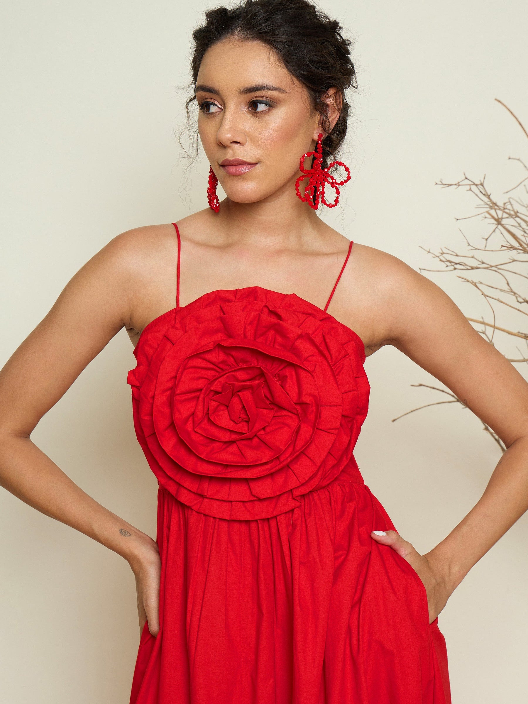 Red Poplin Front Corsage Strappy Maxi Dress-Pink Paprika By SASSAFRAS