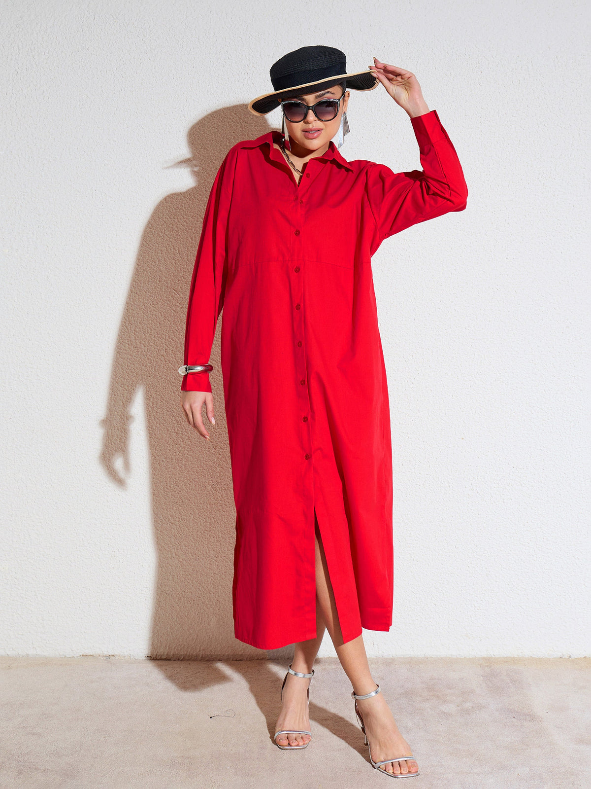 Red Poplin Longline Shirt Dress-SASSAFRAS