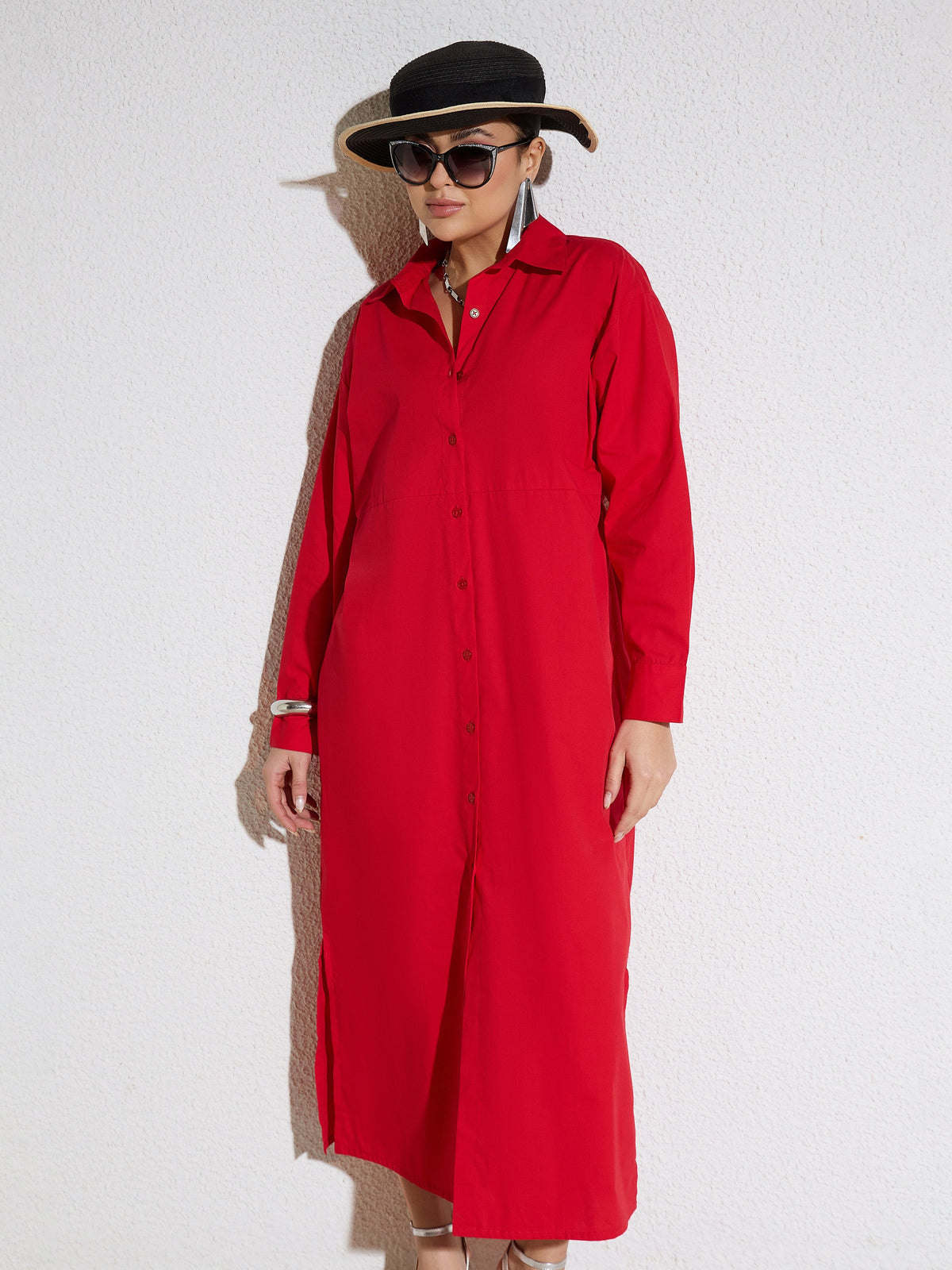 Red Poplin Longline Shirt Dress-SASSAFRAS
