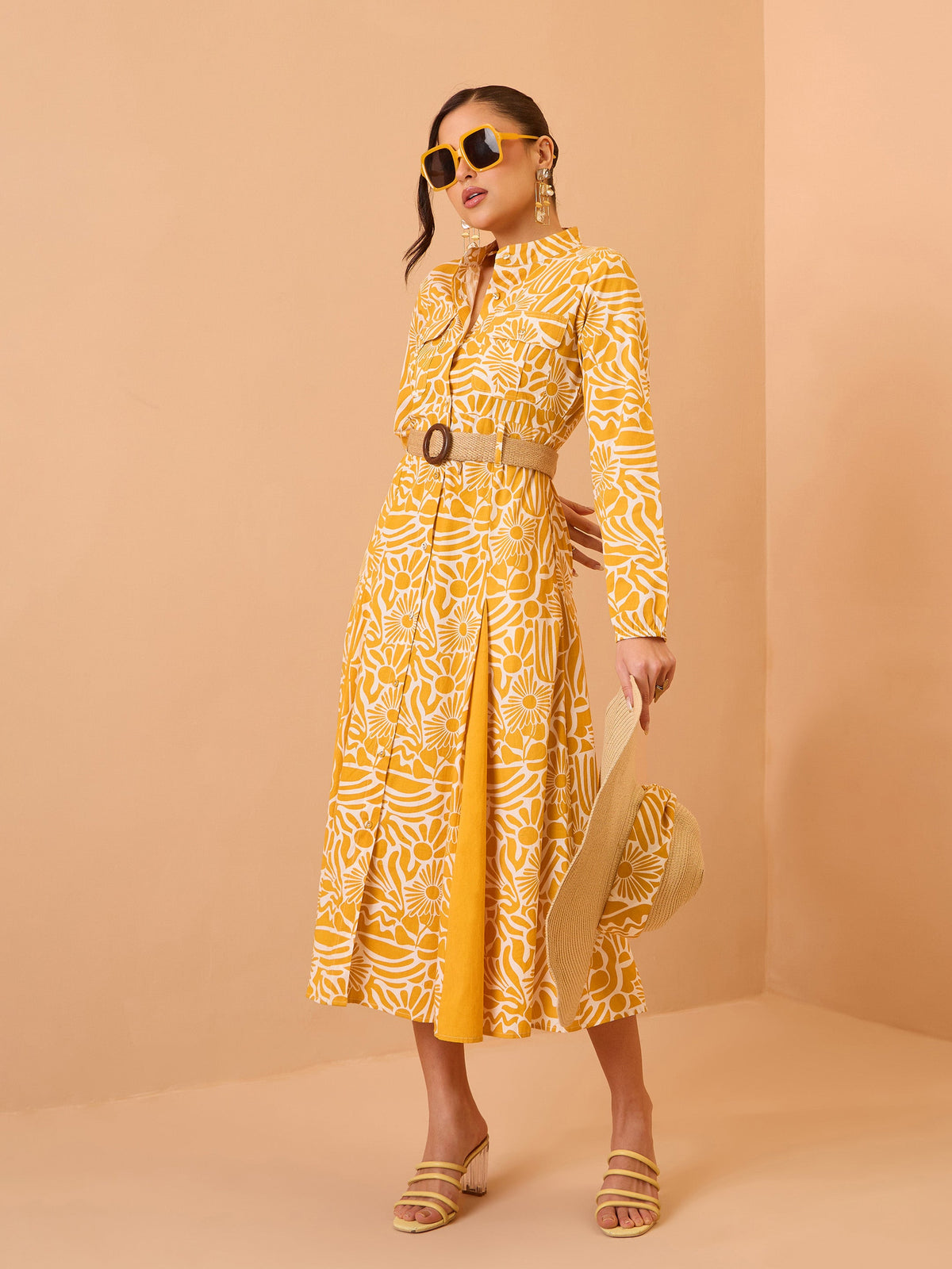 Yellow Floral Kick Pleat Midi Dress-Pink Paprika By SASSAFRAS