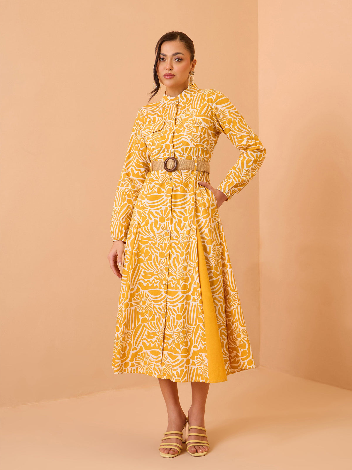 Yellow Floral Kick Pleat Midi Dress-Pink Paprika By SASSAFRAS