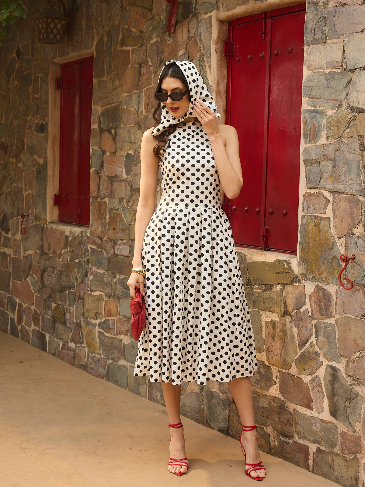 White & Black Small Polka Smoking Low Waist Midi Dress-Pink Paprika By SASSAFRAS