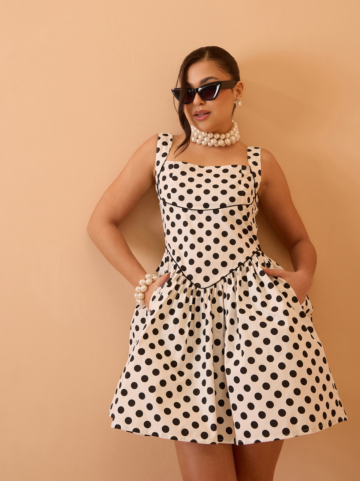 White & Black Small Polka Dot Strappy Short Dress-Pink Paprika By SASSAFRAS