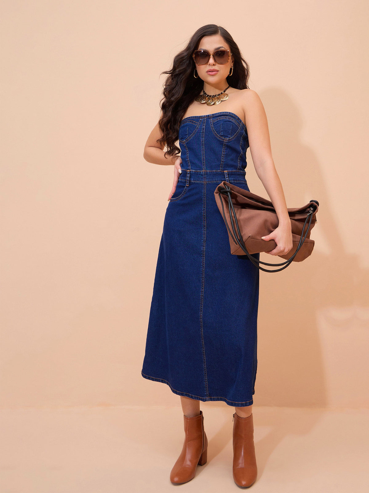 Navy Blue Denim Wash Tube Dress-SASSAFRAS