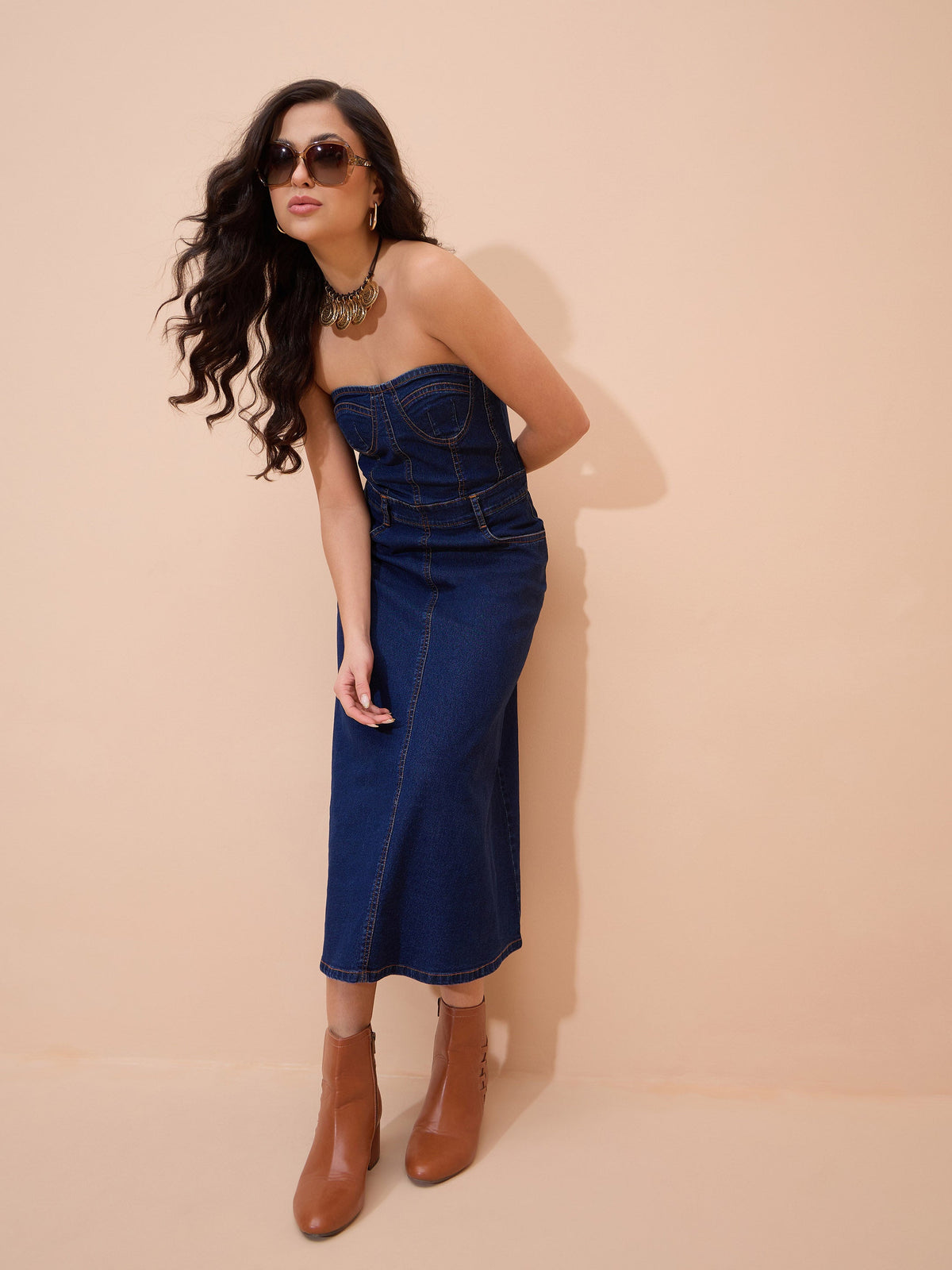 Navy Blue Denim Wash Tube Dress-SASSAFRAS