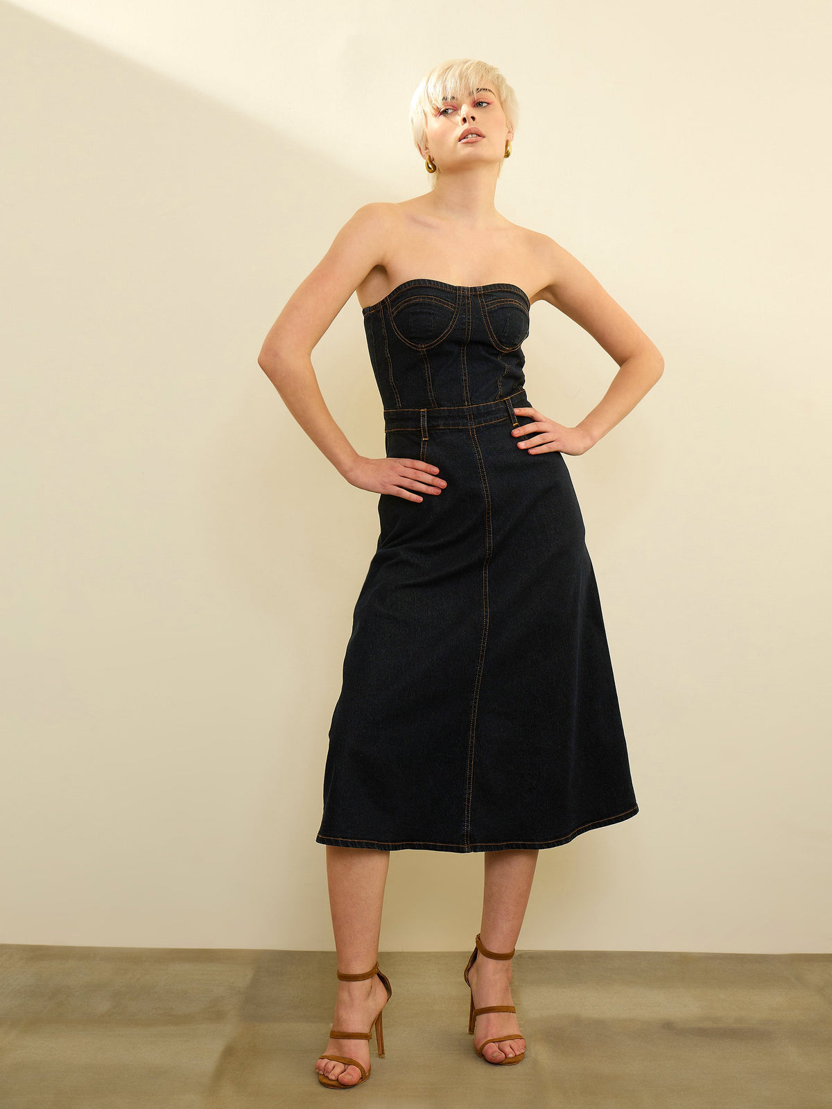 Black Denim Wash Tube Dress-SASSAFRAS