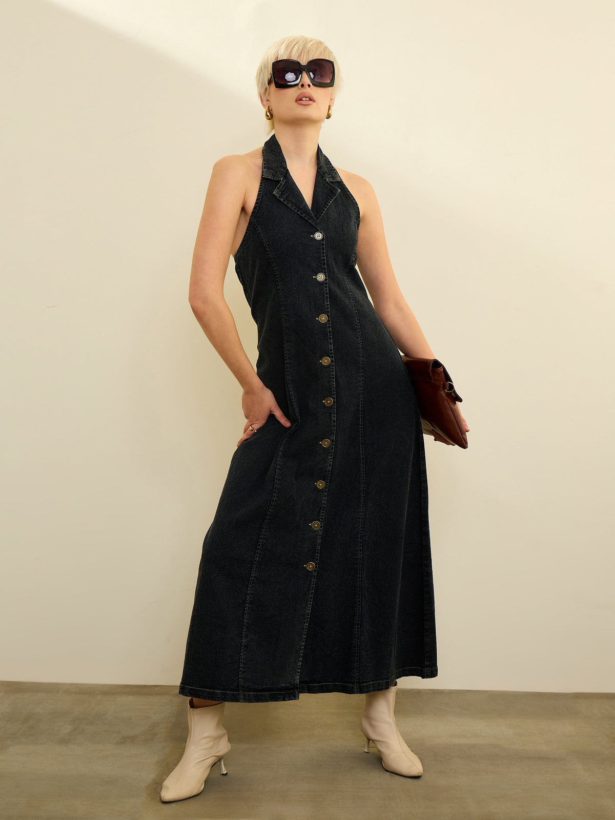 Black Denim Button Down Halter Neck Maxi Dress-SASSAFRAS
