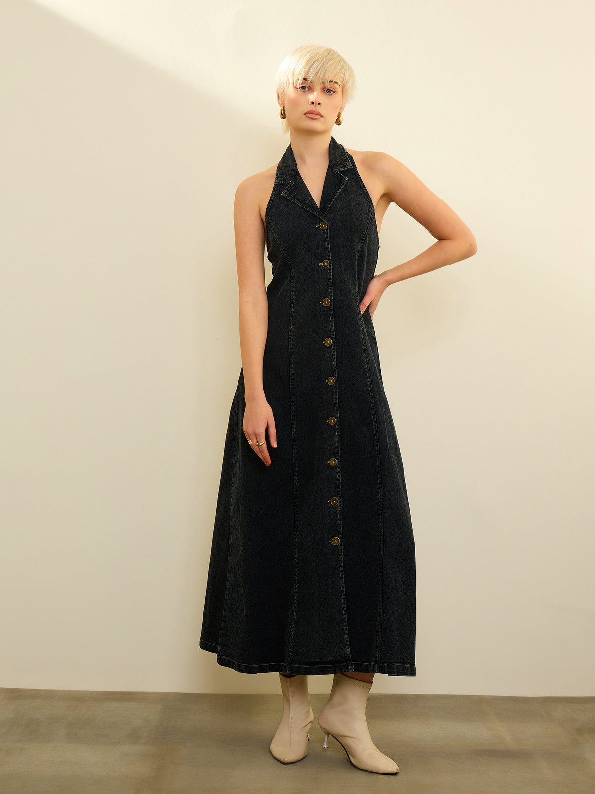Black Denim Button Down Halter Neck Maxi Dress-SASSAFRAS