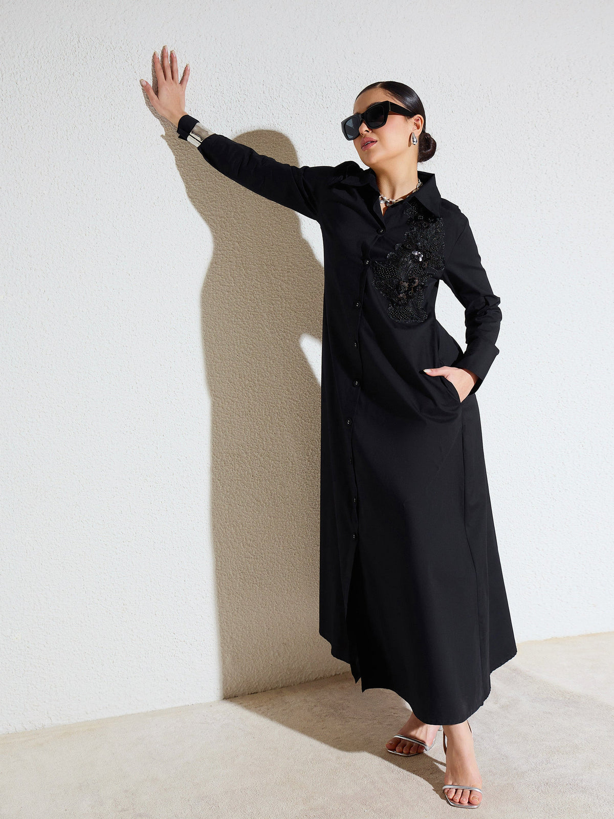 Black Poplin Button Down Shirt Midi Dress-SASSAFRAS