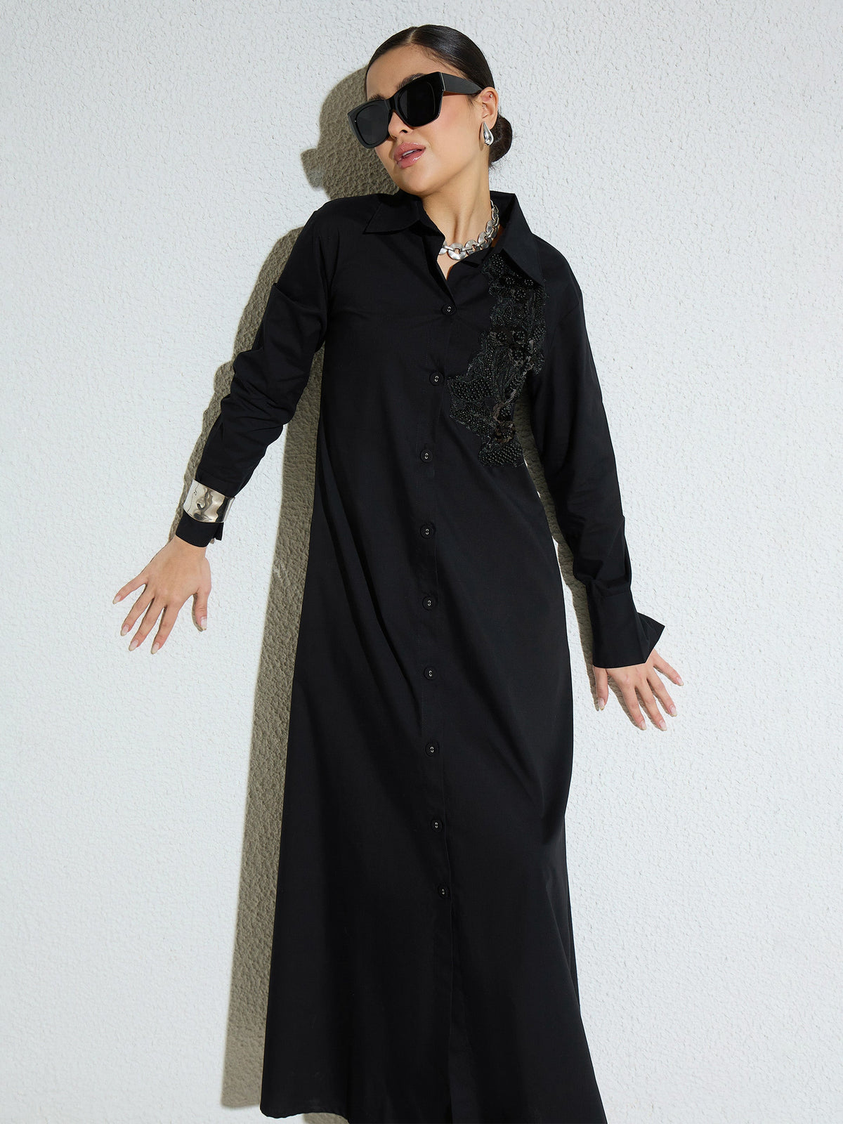 Black Poplin Button Down Shirt Midi Dress-SASSAFRAS