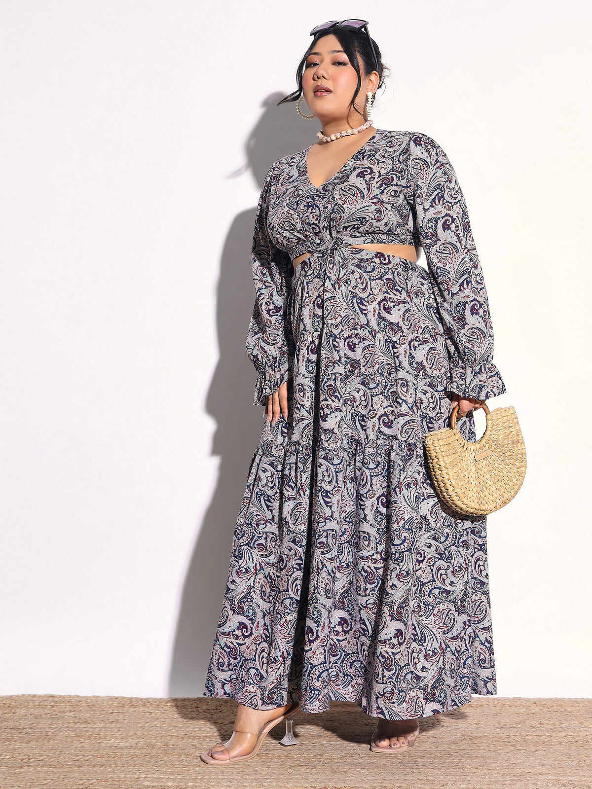 Blue Paisley Waist Cut-Out Maxi Dress-SASSAFRAS Curve