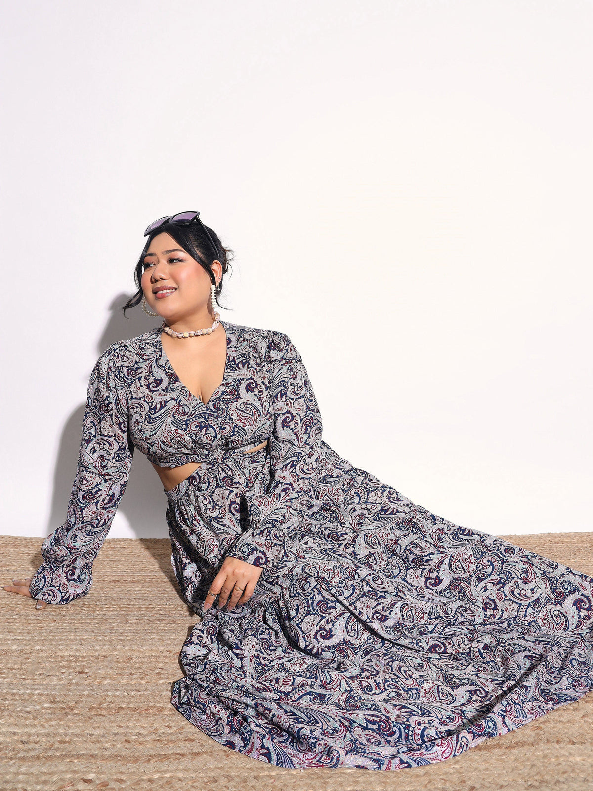 Blue Paisley Waist Cut-Out Maxi Dress-SASSAFRAS Curve