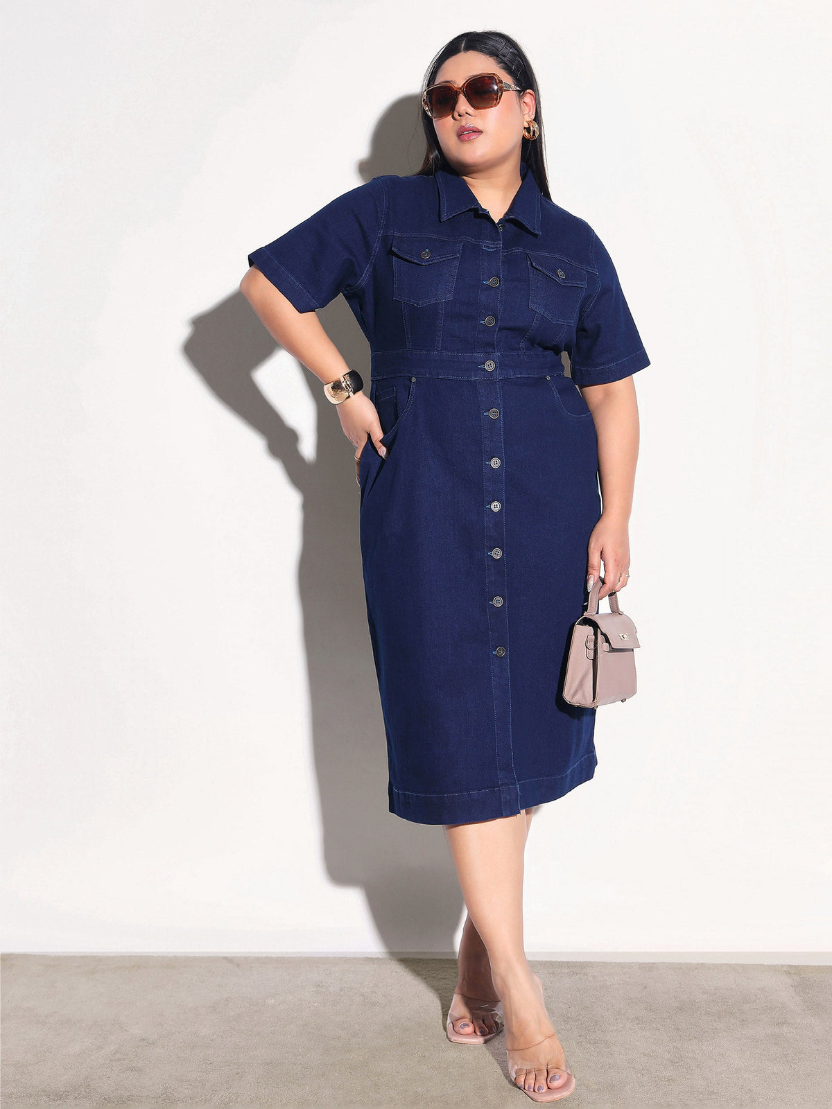 Navy Denim Front Button Shirt Dress-SASSAFRAS Curve