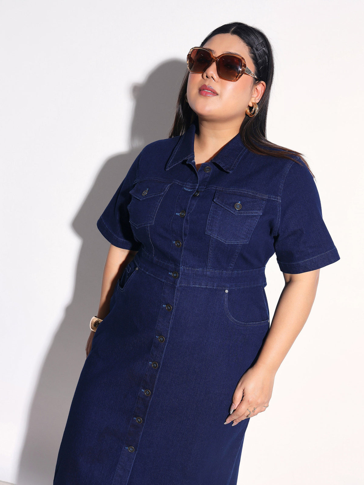 Navy Denim Front Button Shirt Dress-SASSAFRAS Curve