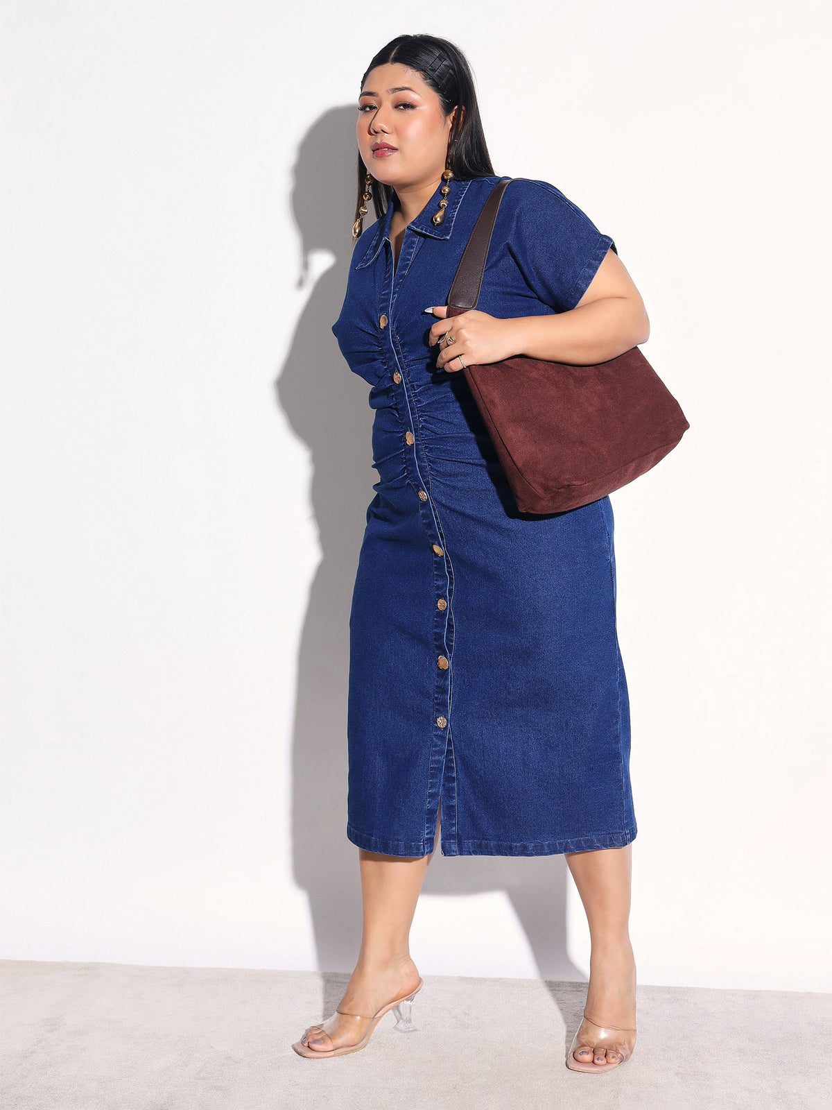 Navy Denim Front Ruching Bodycon Dress-SASSAFRAS Curve