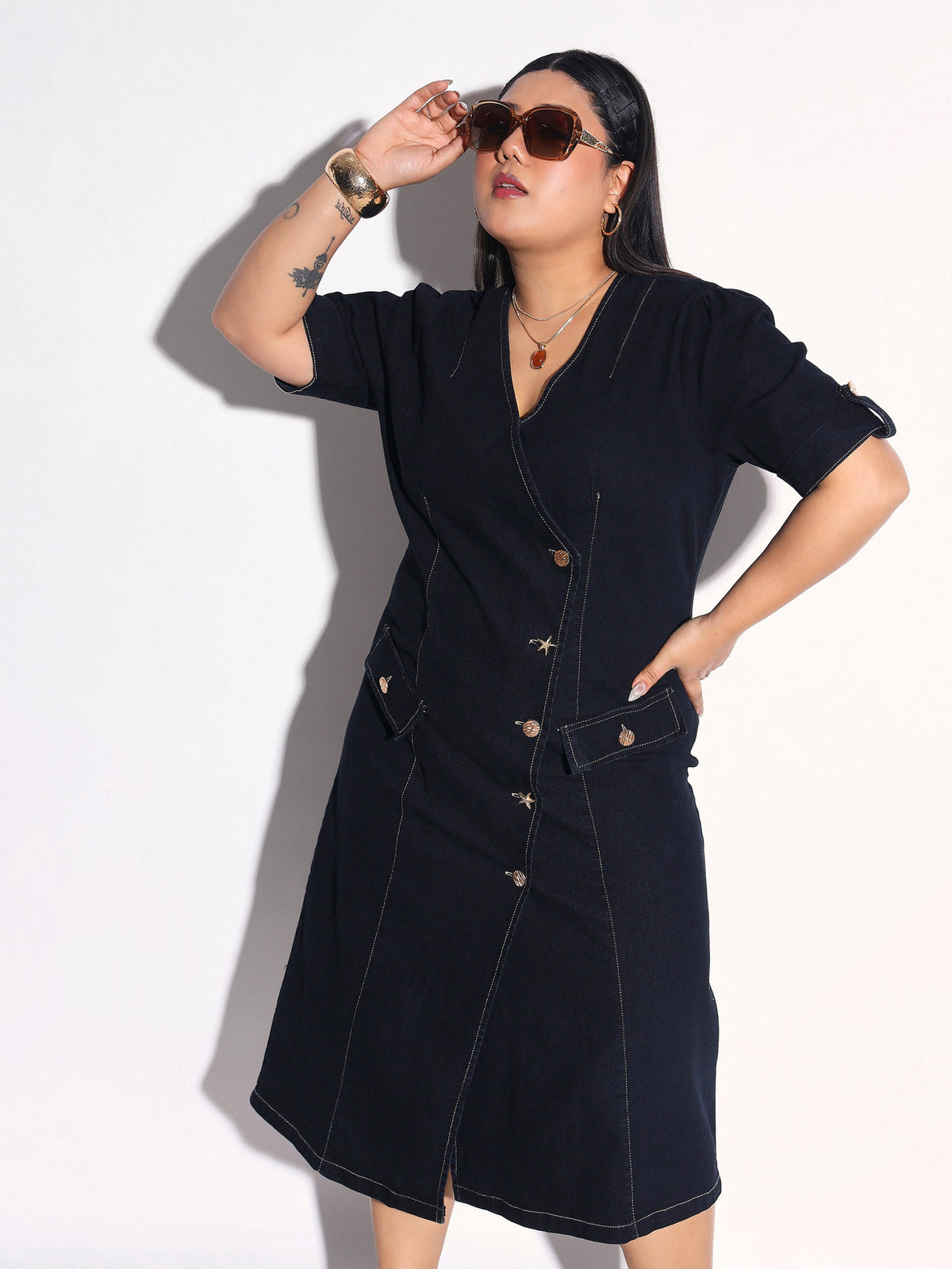 Black Blast Denim Wrap A-Line Midi Dress-SASSAFRAS Curve