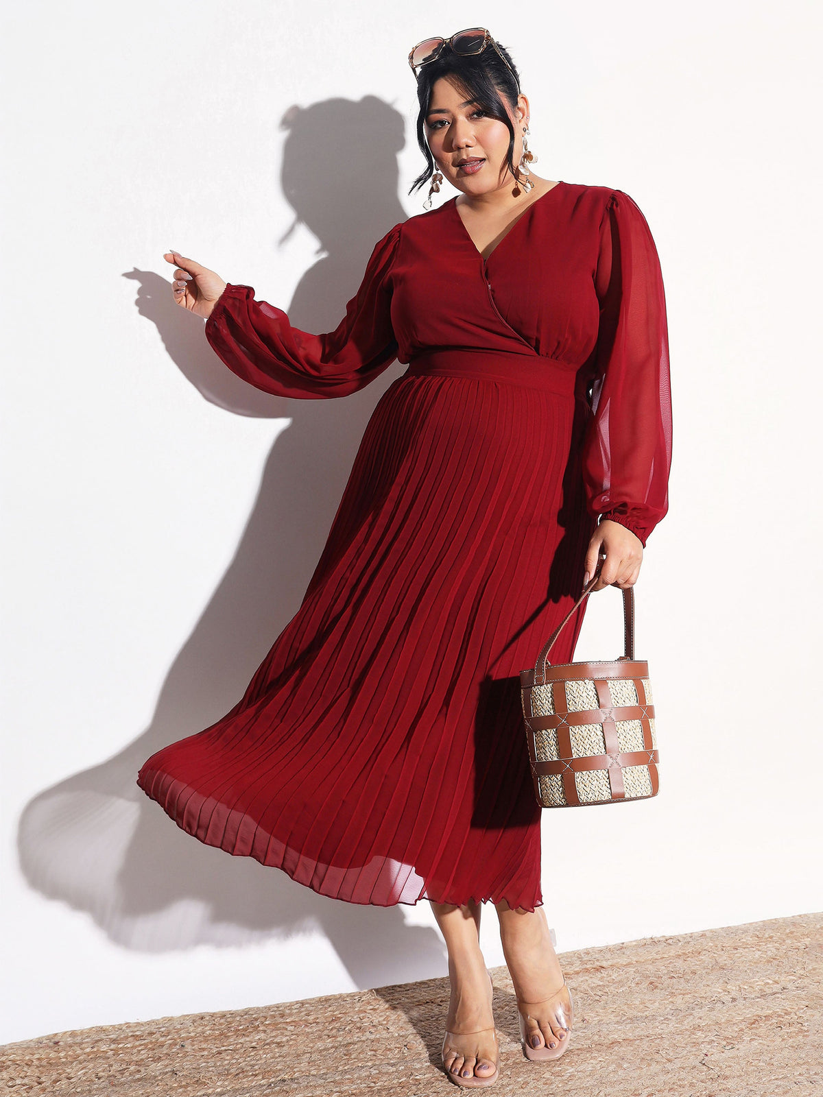 Maroon V-Neck Pleated Midi Dress-SASSAFRAS Curve