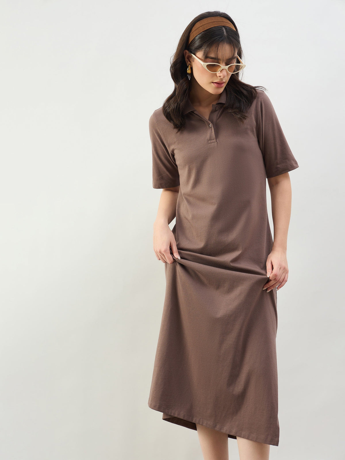 Taupe Oversized Polo Neck T-Shirt Dress-SASSAFRAS BASICS