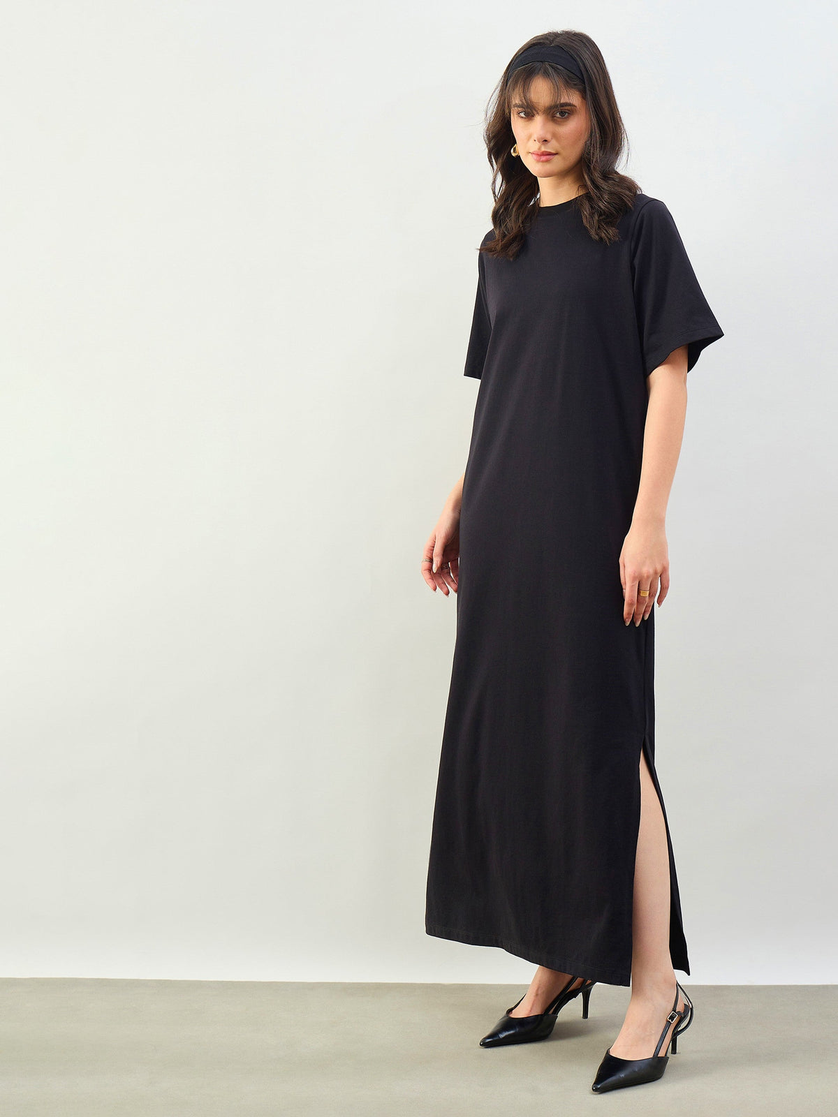 Black Oversized Round Neck T-Shirt Maxi Dress-SASSAFRAS BASICS