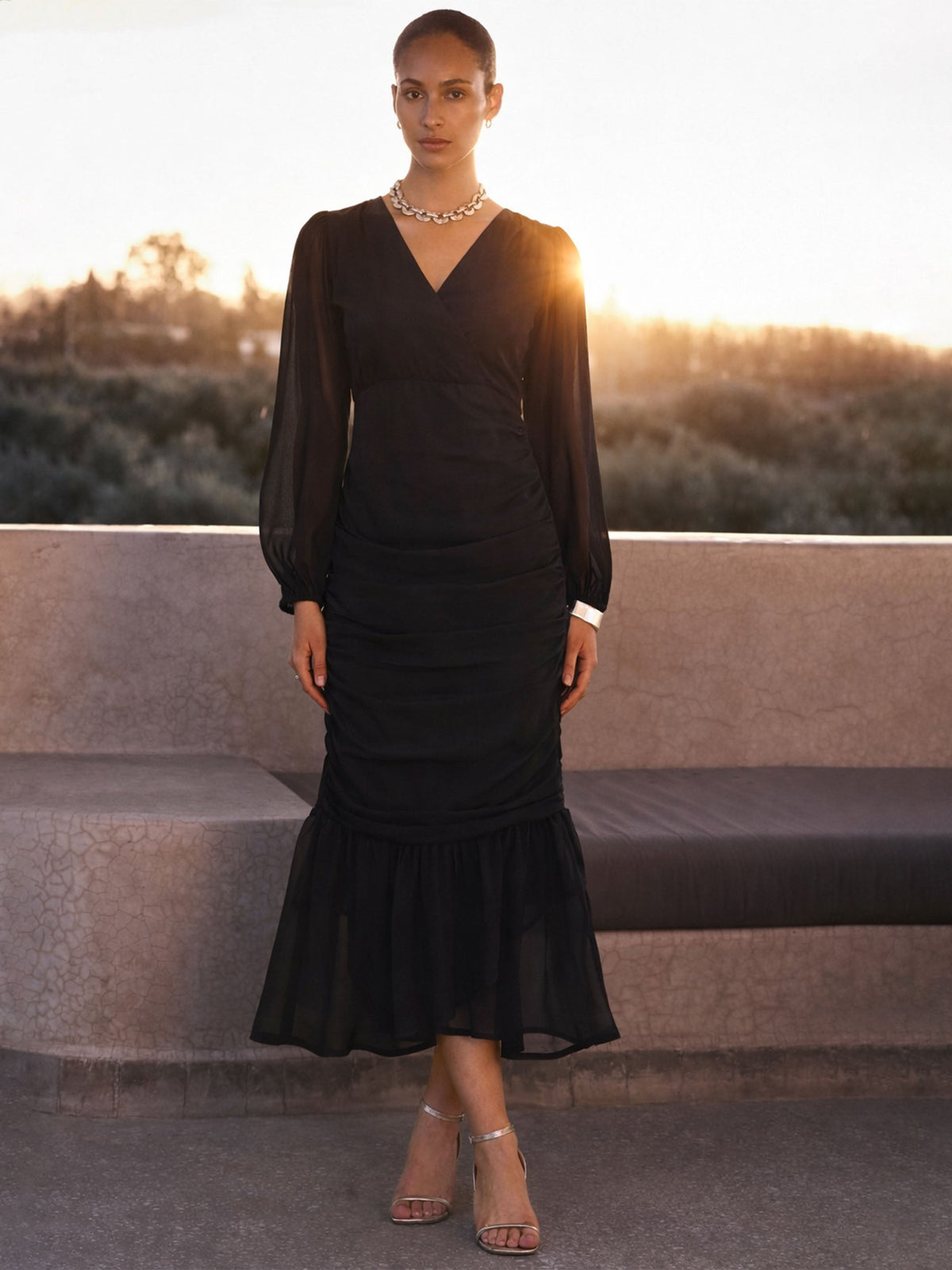 Black Solid Cowl Hem Midi Dress-SASSAFRAS