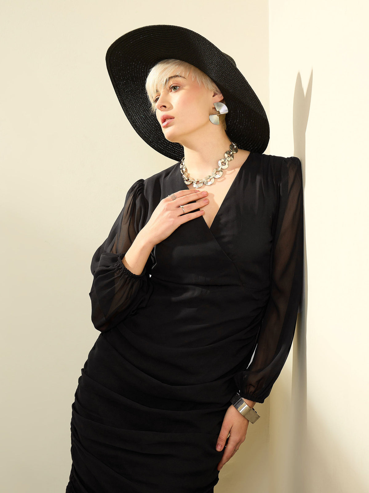 Black Solid Cowl Hem Midi Dress-SASSAFRAS
