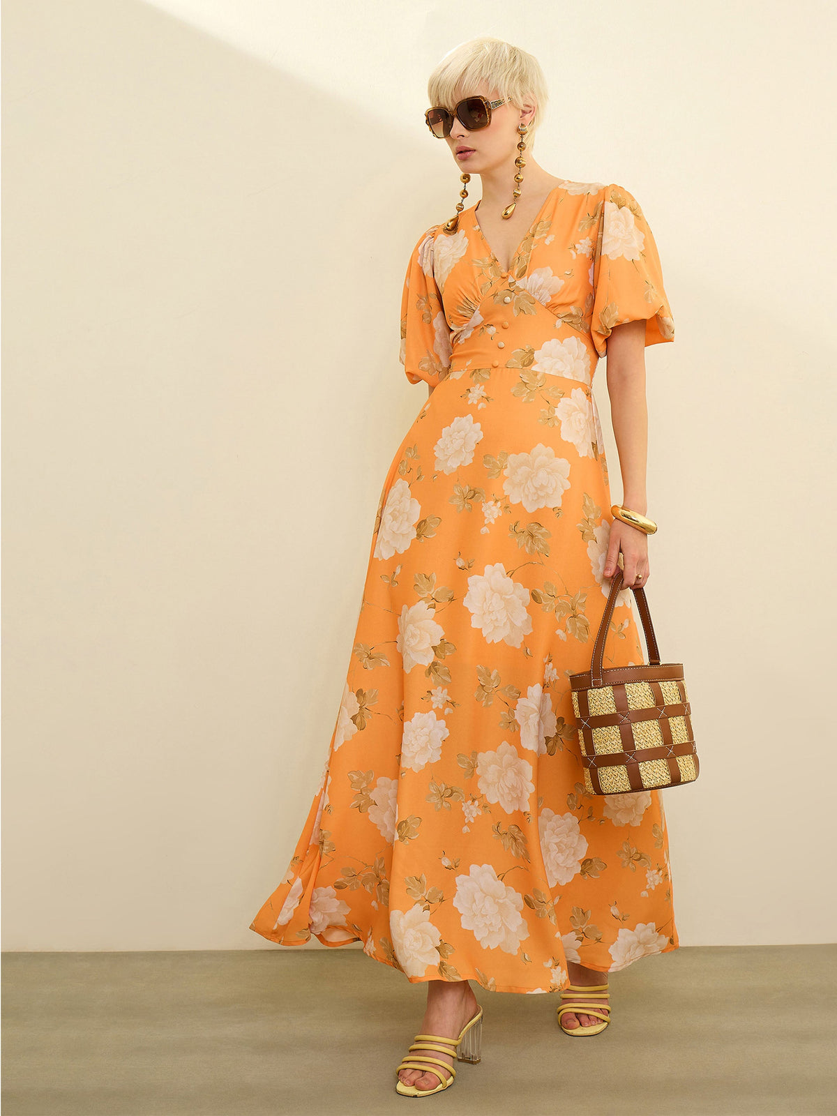 Mustard Floral Balloon Sleeves Maxi Dress-SASSAFRAS