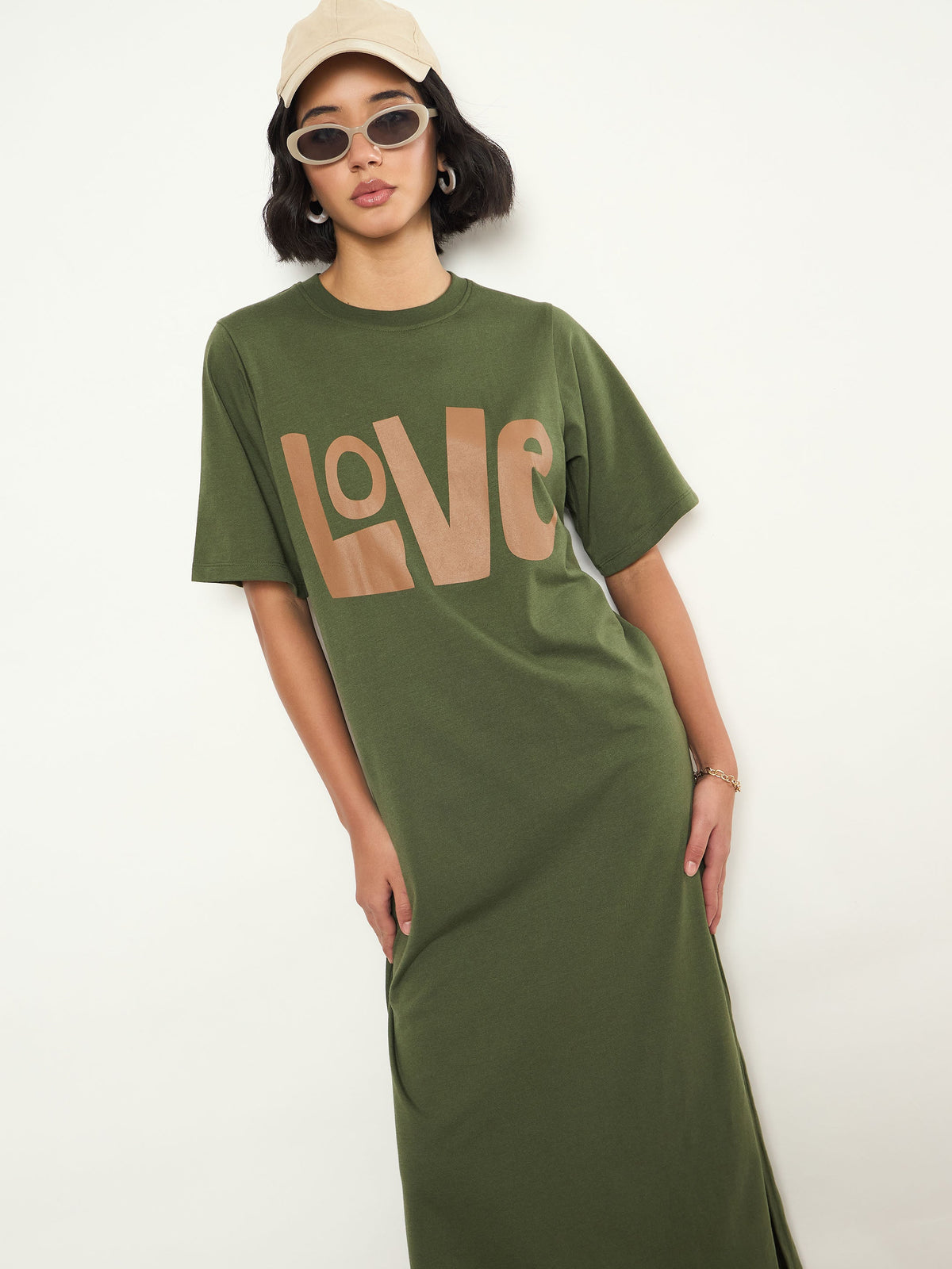 Olive LOVE Print Oversized T-Shirt Dress-SASSAFRAS
