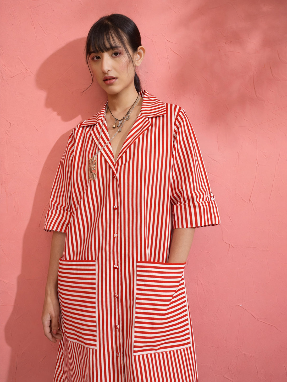 Red & White Stripe Notch Collar Midi Dress-Pink Paprika by SASSAFRAS