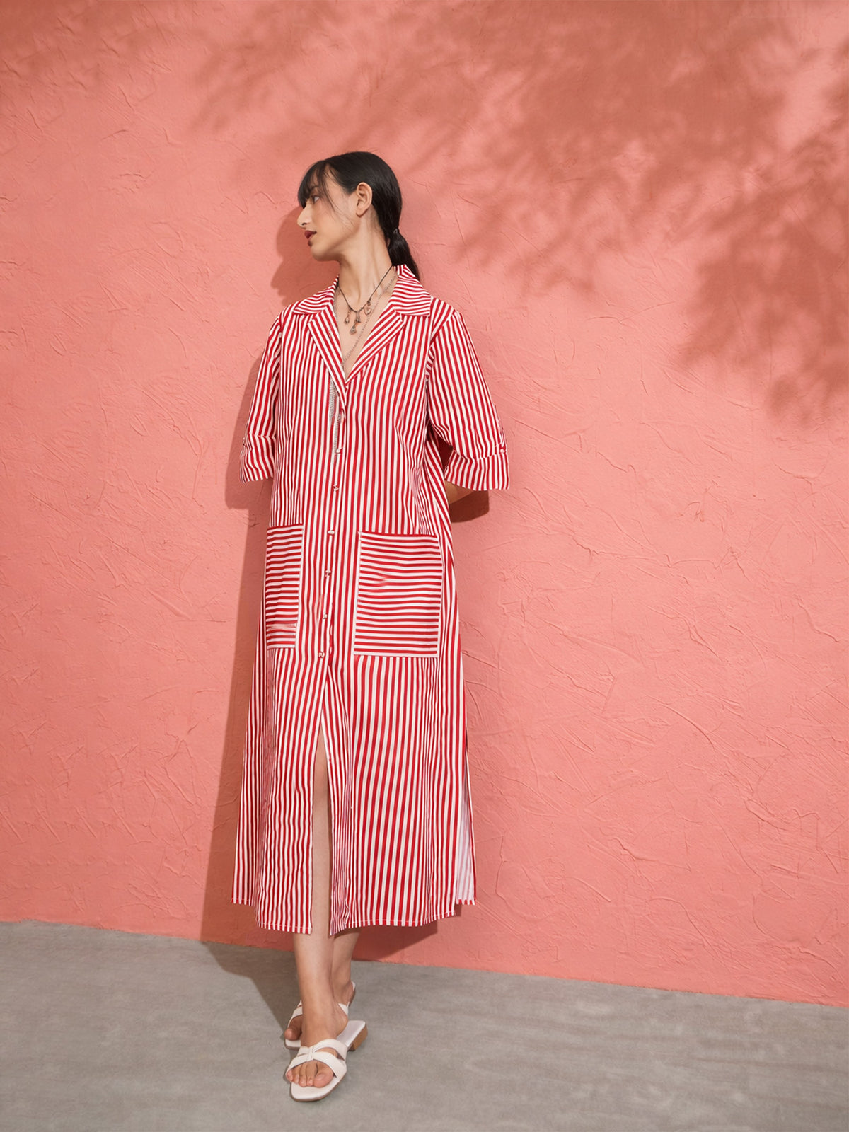 Red & White Stripe Notch Collar Midi Dress-Pink Paprika by SASSAFRAS