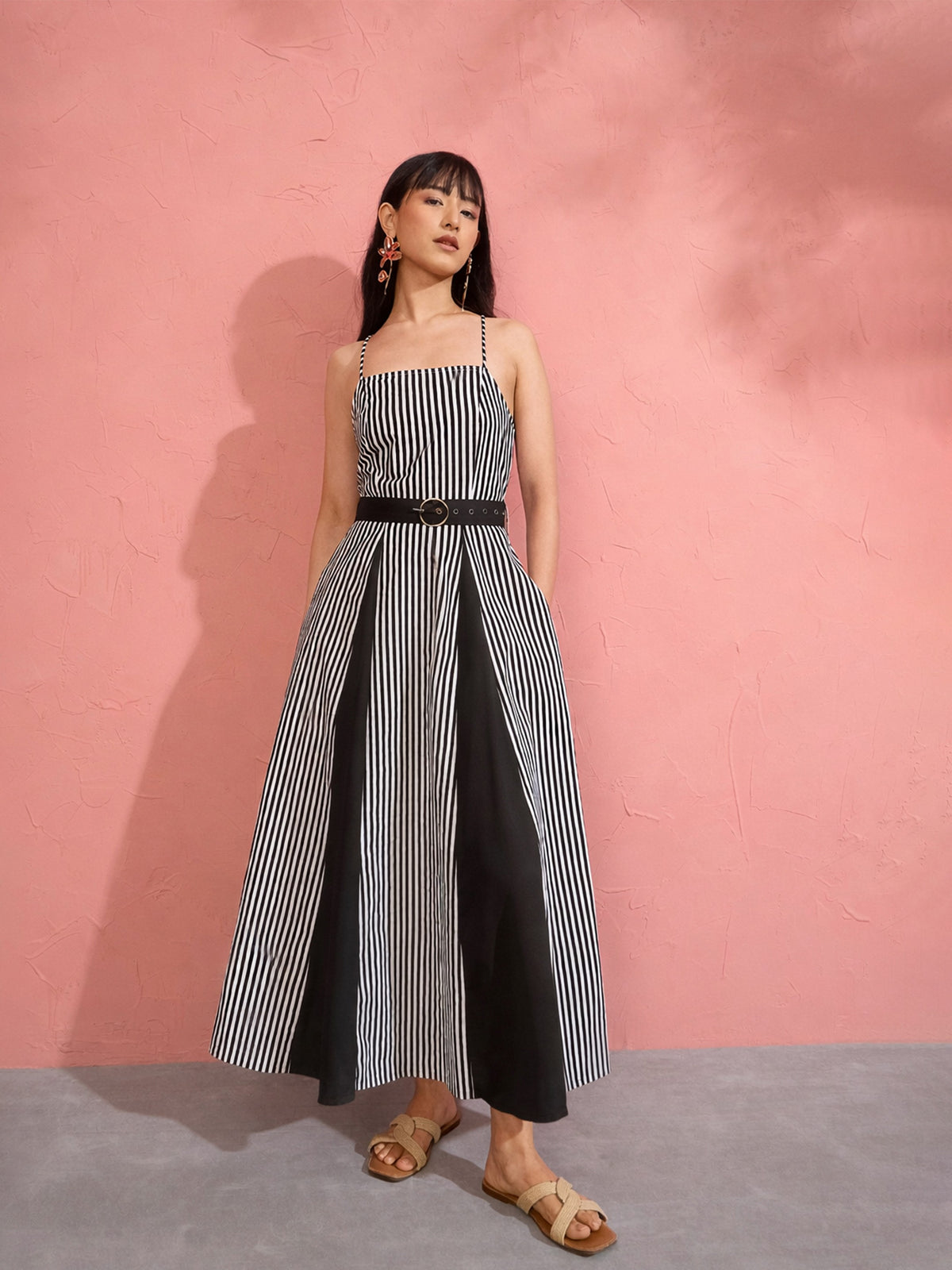 Black & White Stripe Strappy Flared Midi Dress-Pink Paprika by SASSAFRAS