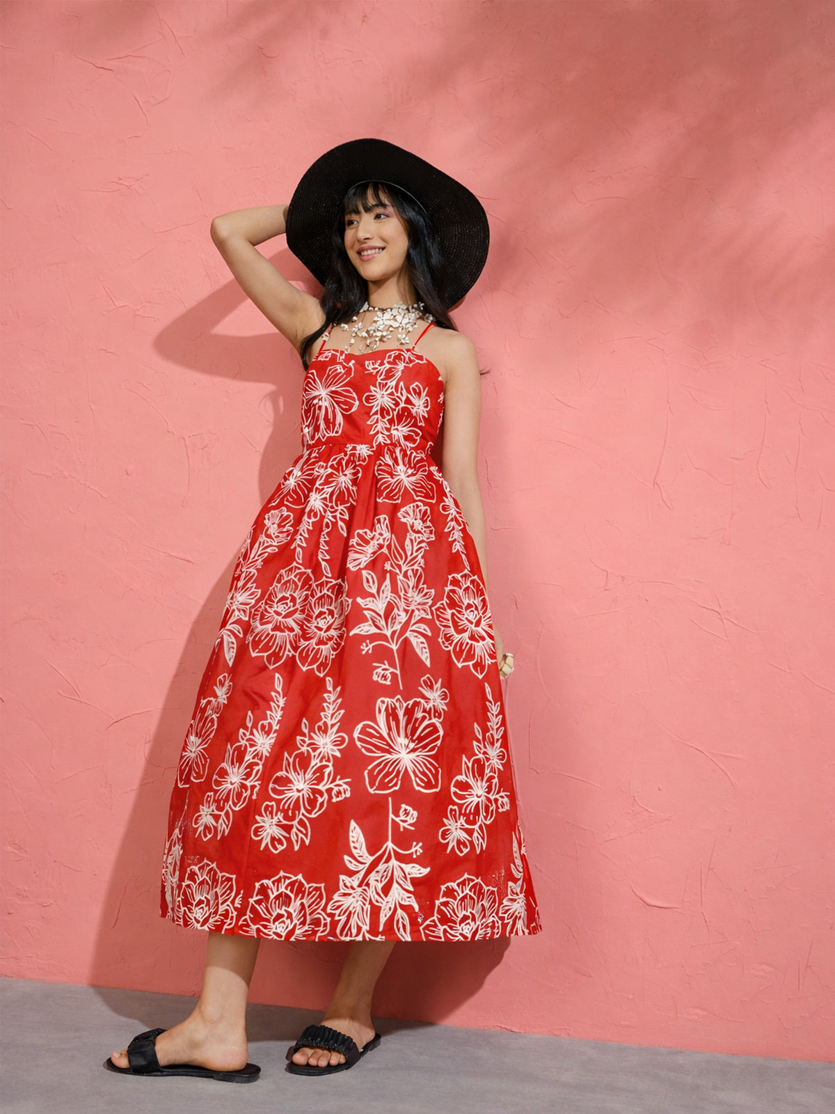 Red Poplin Floral Strappy Back Tie Midi Dress-Pink Paprika by SASSAFRAS