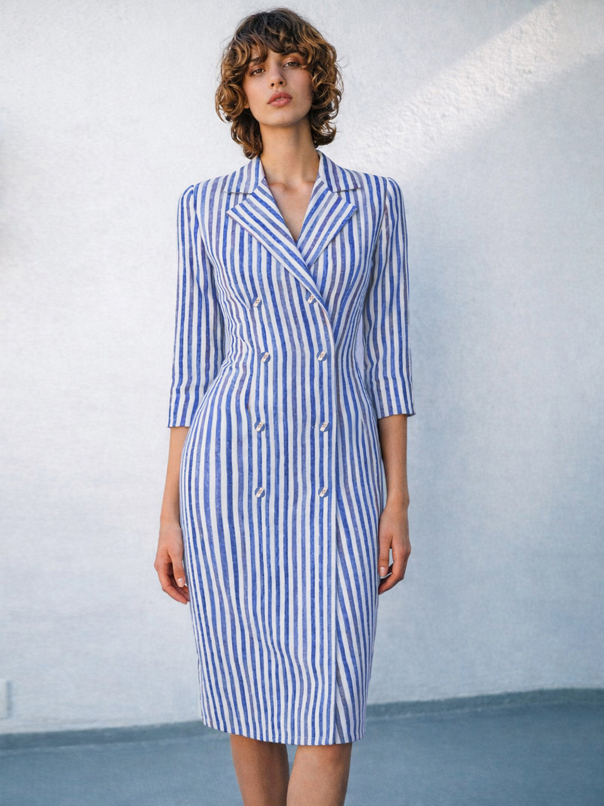 Blue Linen Striped Double Breasted Blazer Dress-SASSAFRAS worklyf