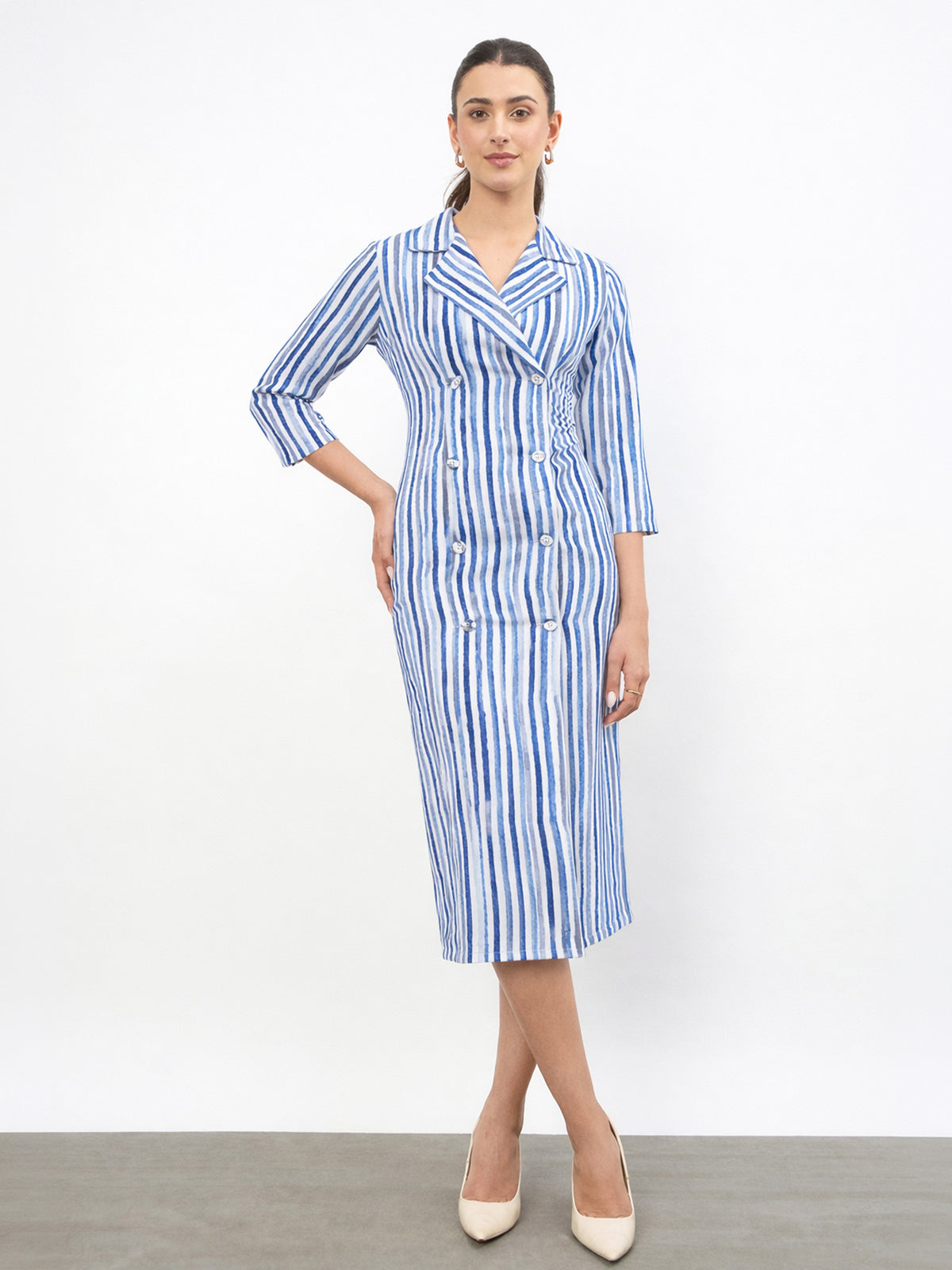 Blue Linen Striped Double Breasted Blazer Dress-SASSAFRAS worklyf