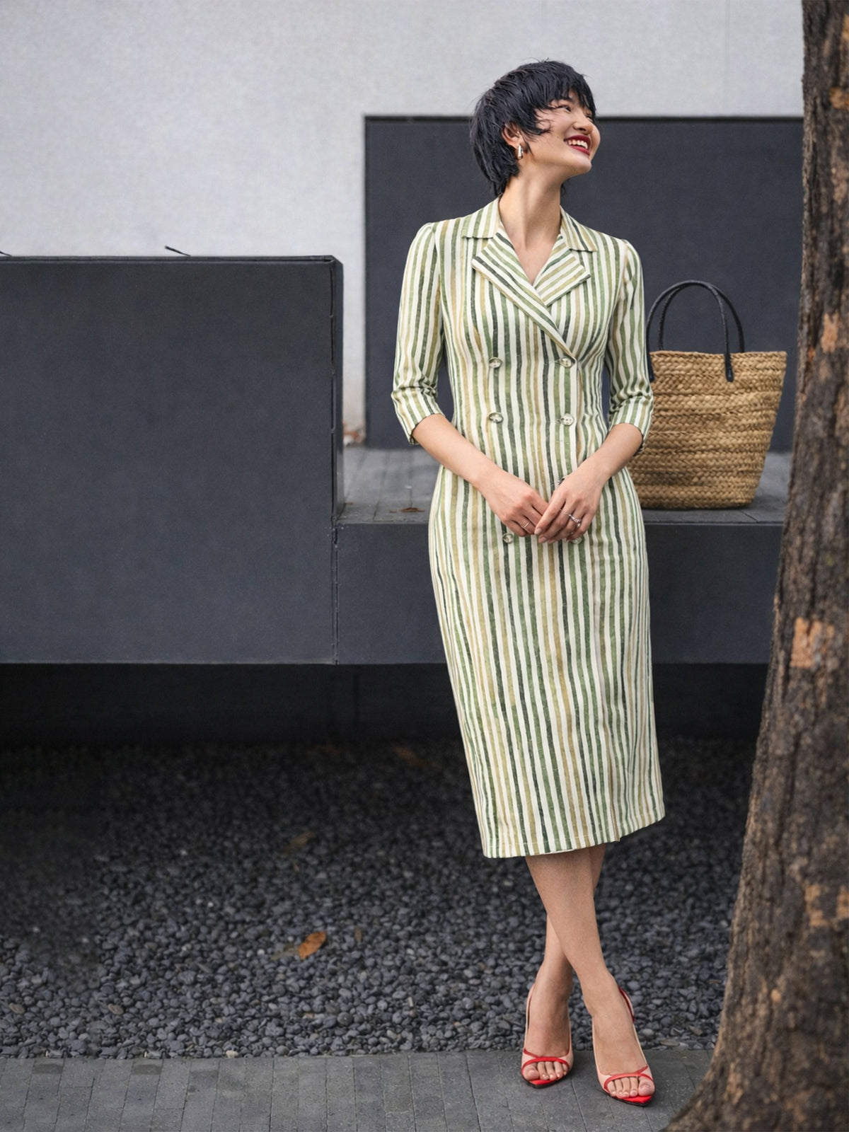Green Linen Striped Double Breasted Blazer Dress-SASSAFRAS worklyf
