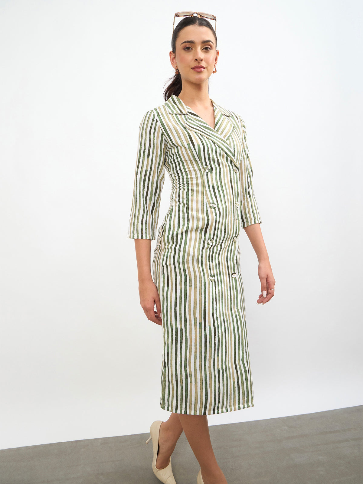 Green Linen Striped Double Breasted Blazer Dress-SASSAFRAS worklyf