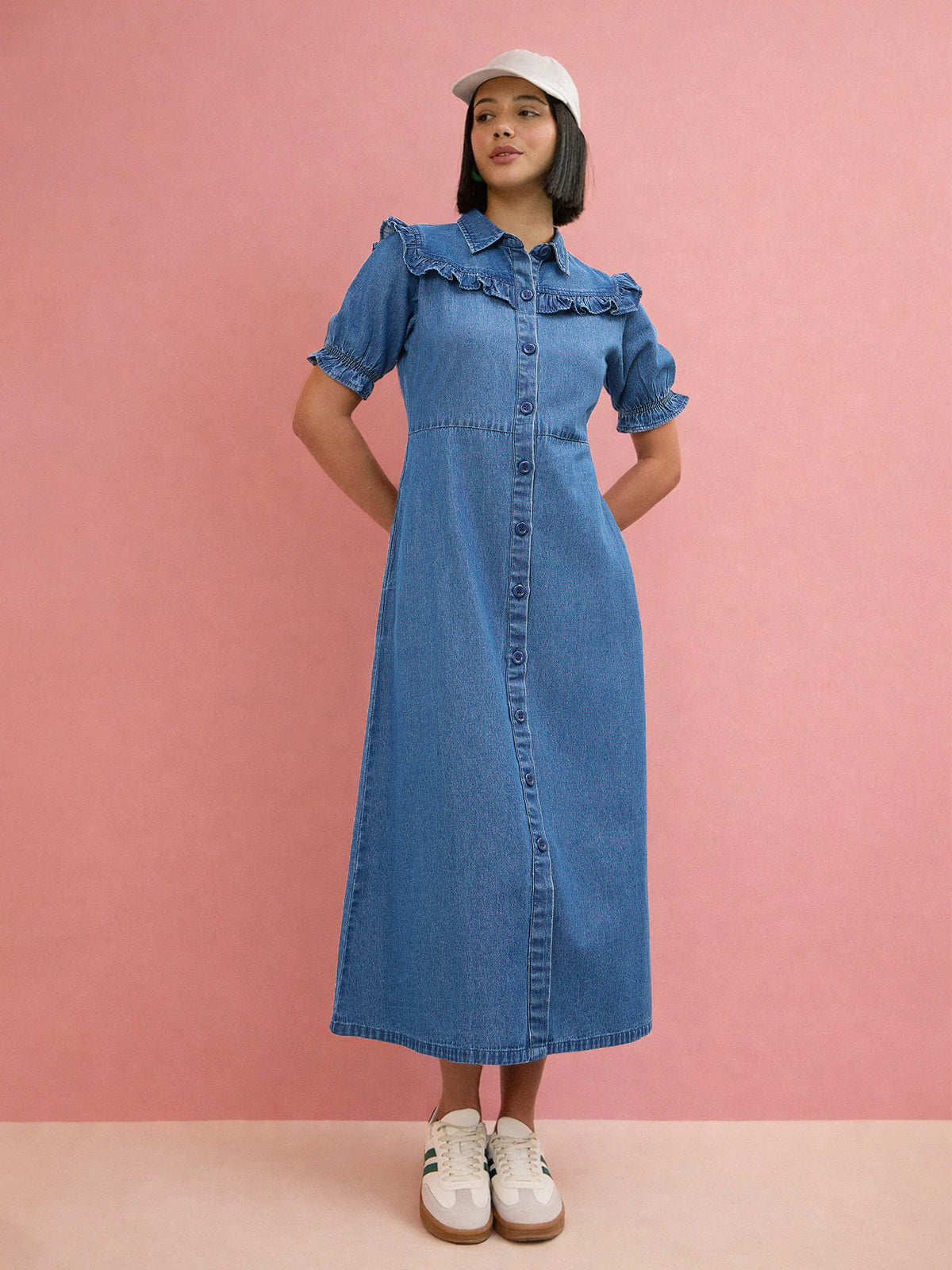 Blue Blast Front Yoke Button Down Maxi Dress-SASSAFRAS