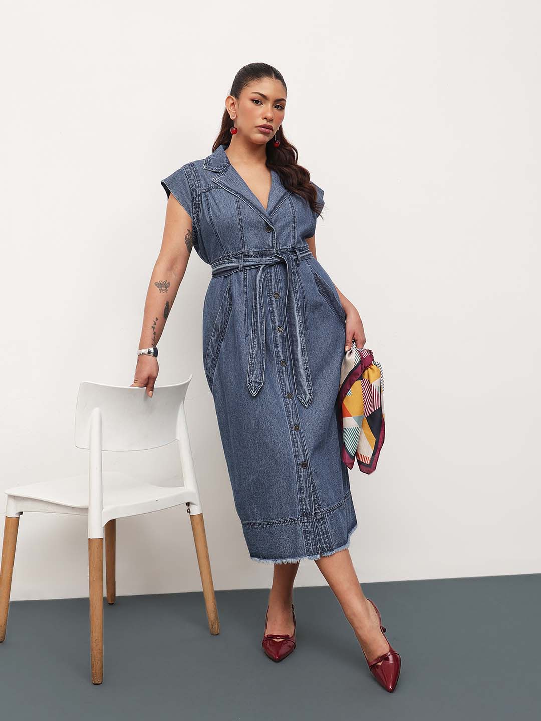 Blue Blast Denim Notch Collar Button Down Midi Dress-SASSAFRAS Curve