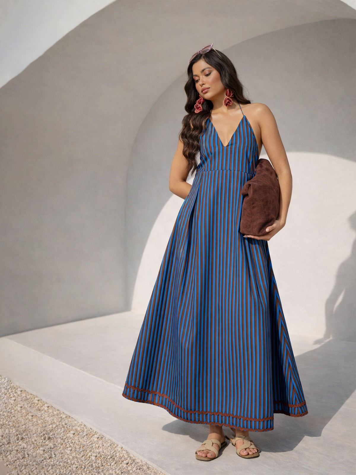 Blue & Brown Stripe Ric Rac Lace Halter Neck Midi Dress-Pink Paprika by SASSAFRAS