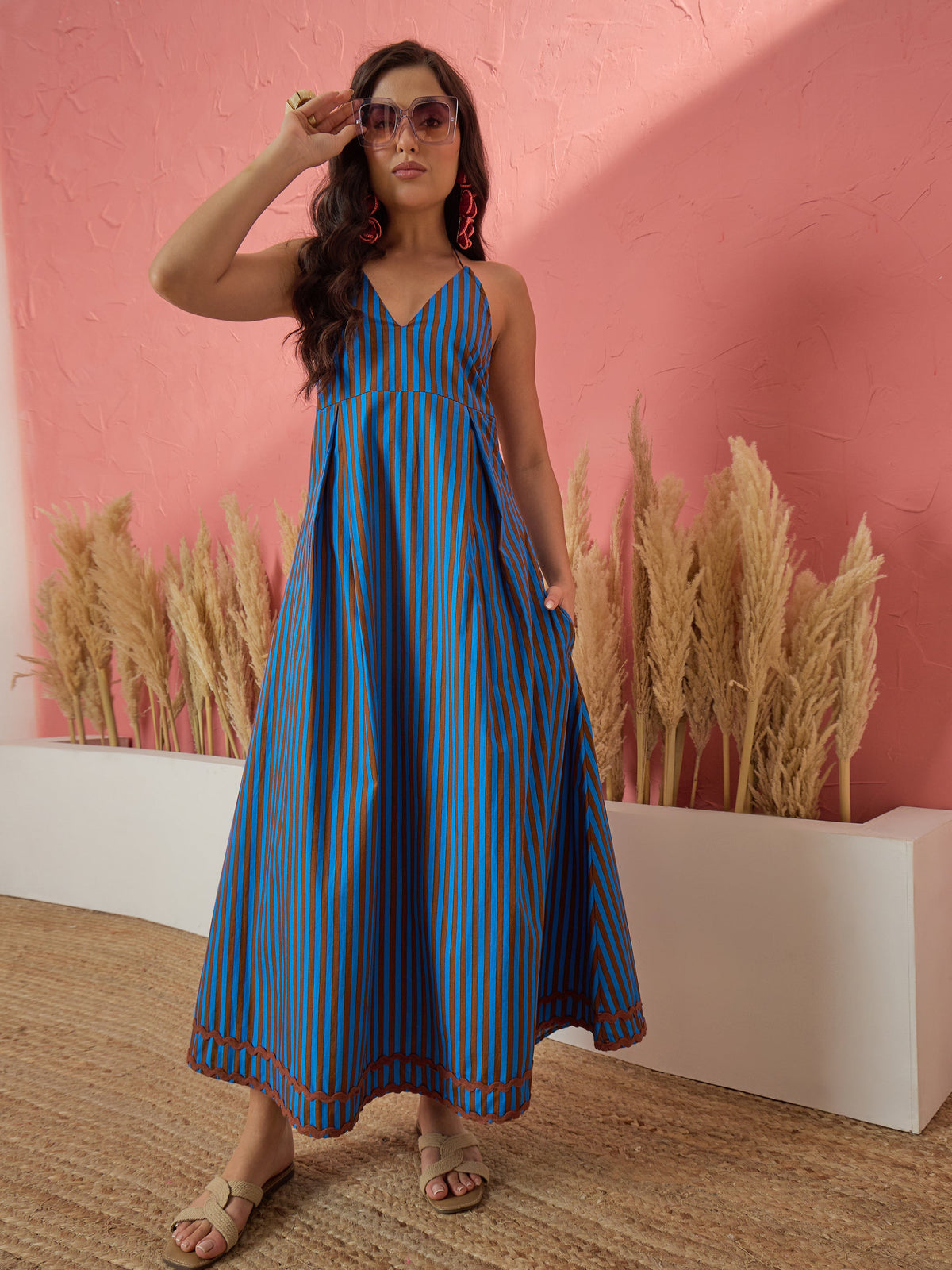 Blue & Brown Stripe Ric Rac Lace Halter Neck Midi Dress-Pink Paprika by SASSAFRAS
