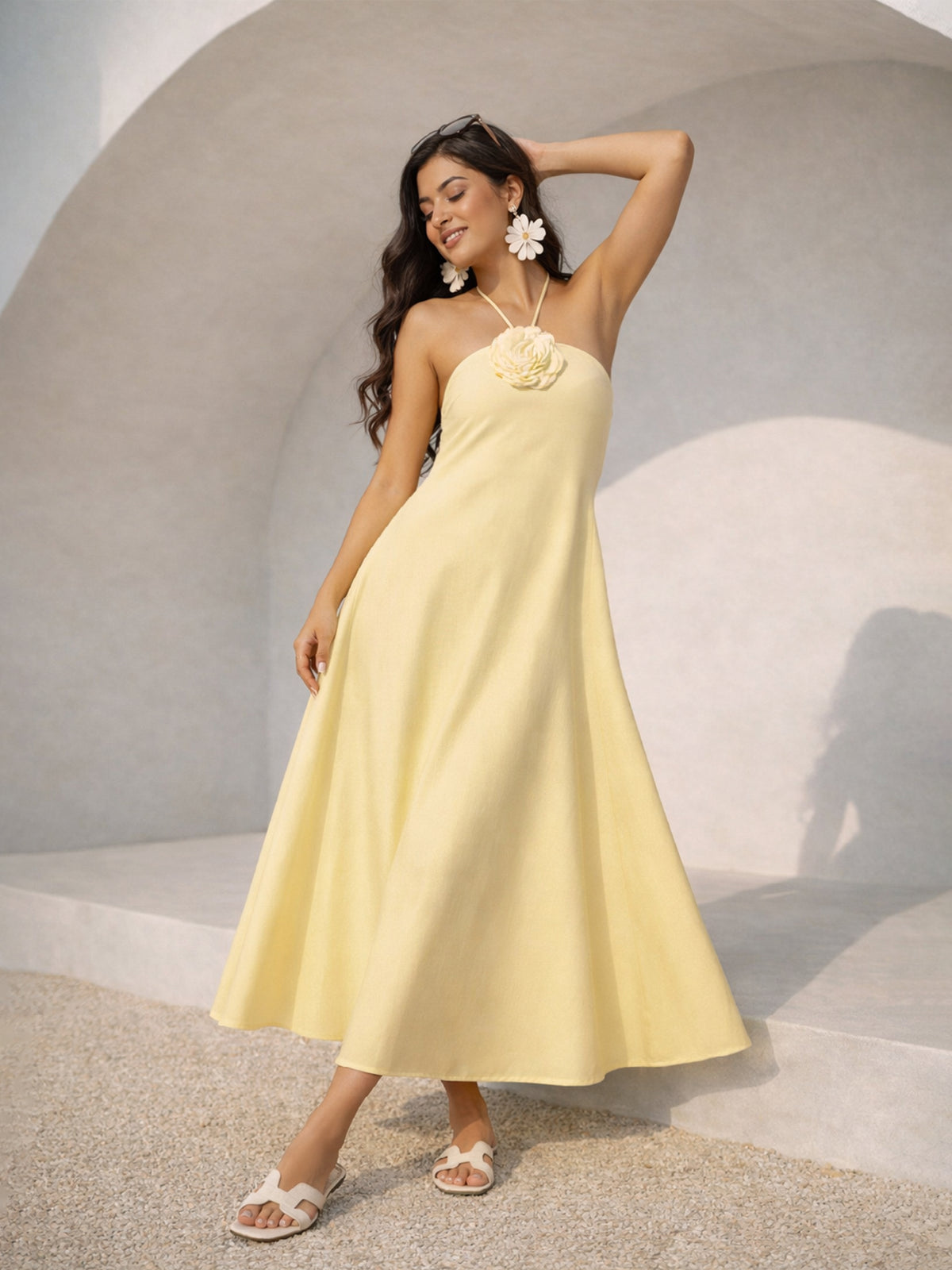 Women Yellow Front Corsage Halter Neck A-Line Midi Dress
