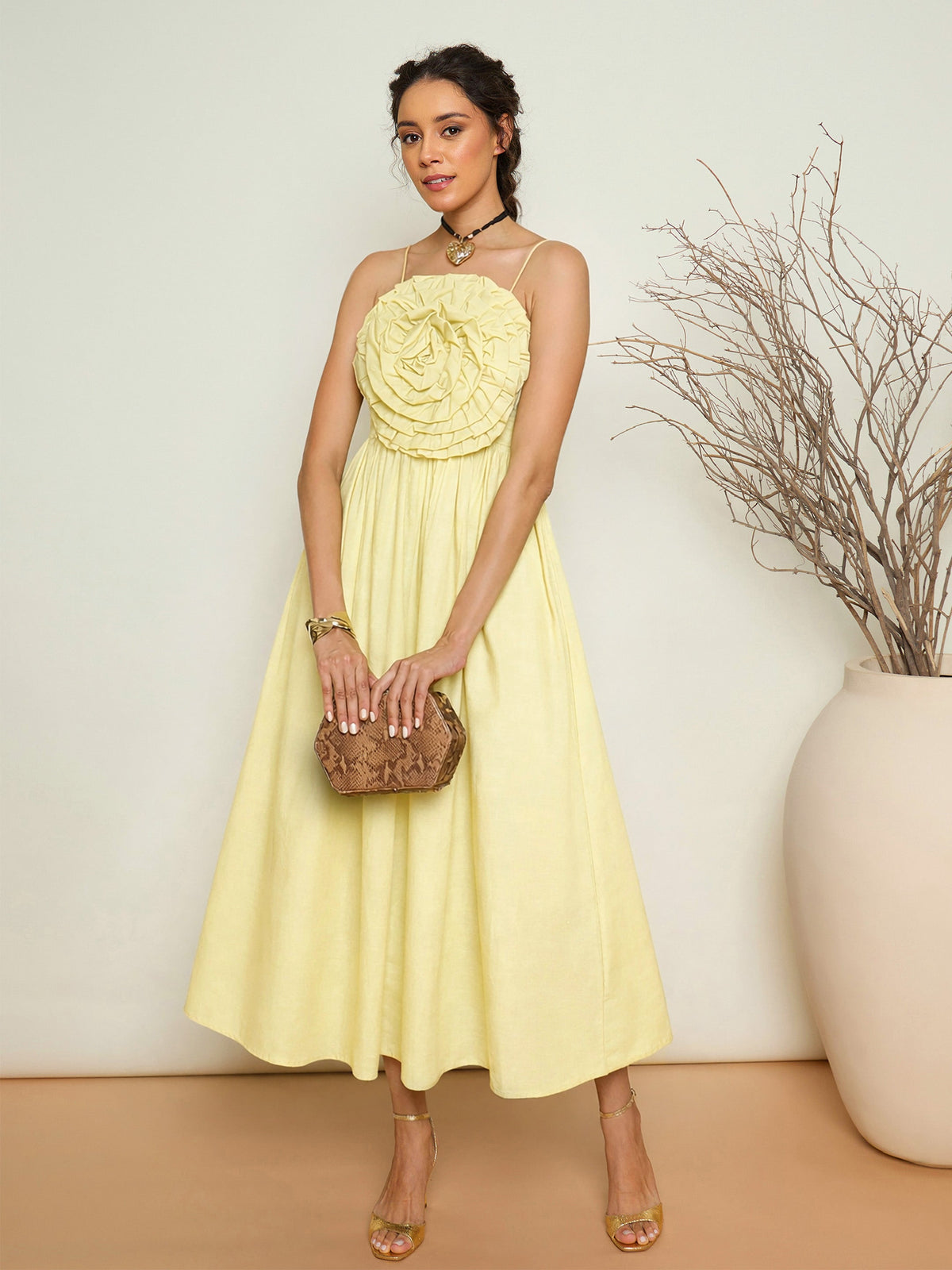 Yellow Poplin Front Corsage Strappy Maxi Dress-Pink Paprika by SASSAFRAS
