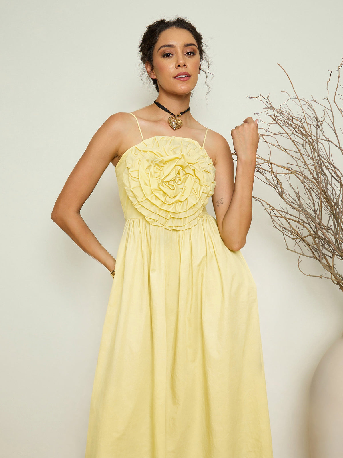 Yellow Poplin Front Corsage Strappy Maxi Dress-Pink Paprika by SASSAFRAS