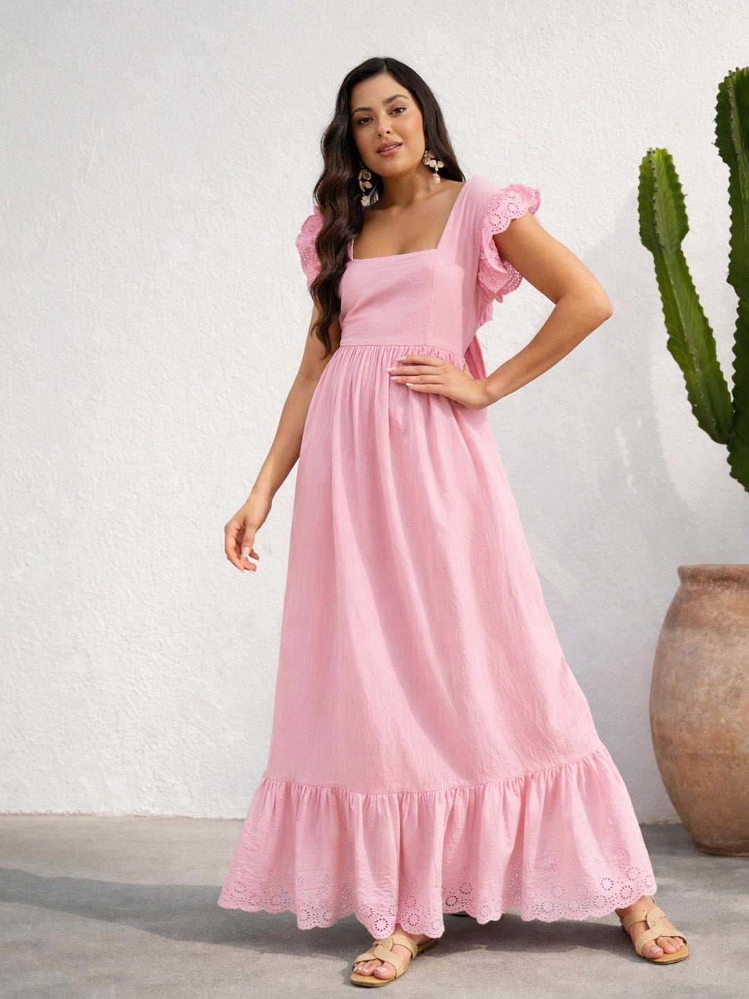 Pink Schiffli Square Neck Frill Hem Maxi Dress-SASSAFRAS