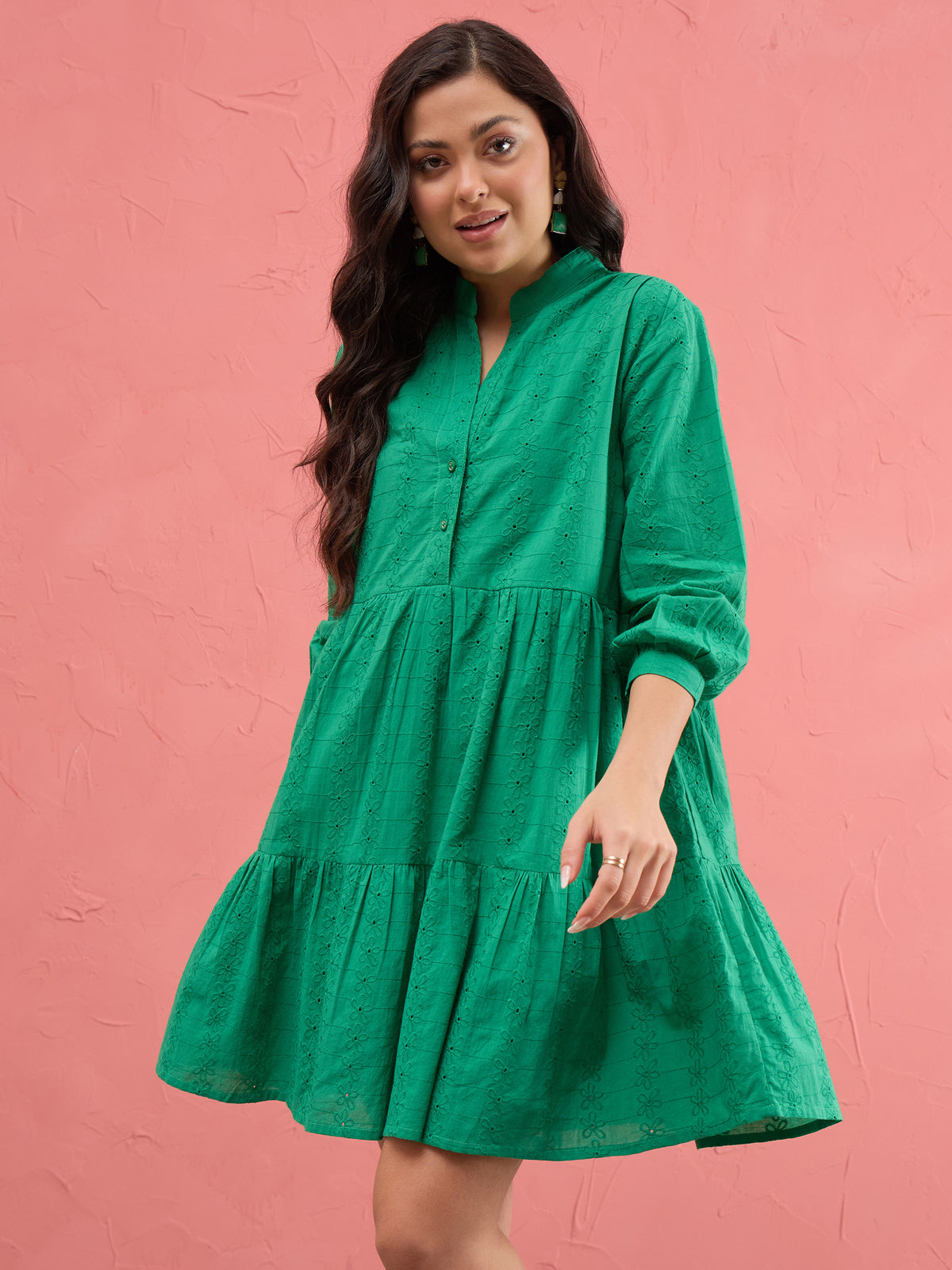 Green Schiffli Short Mandarin Collar Dress-SASSAFRAS