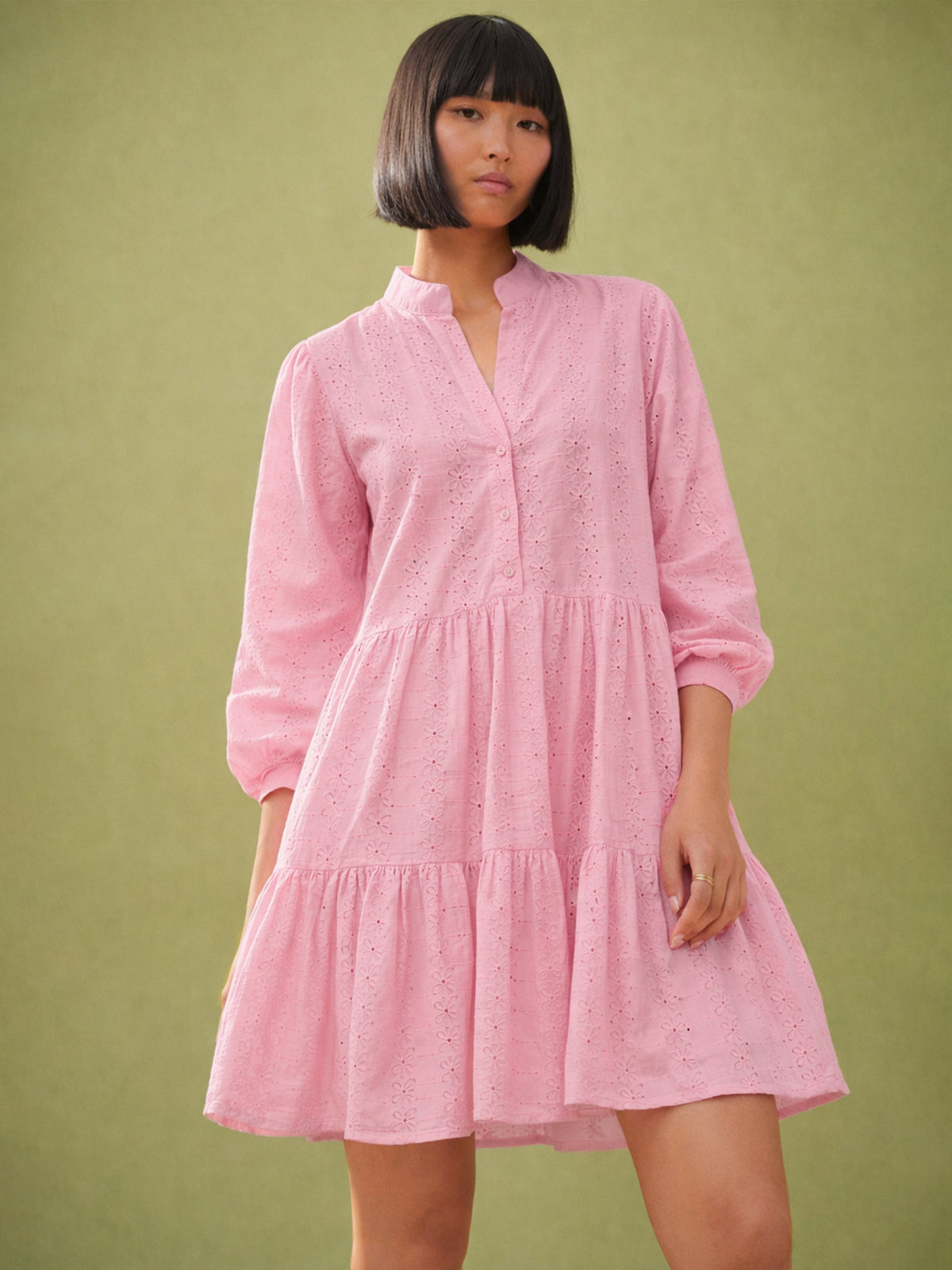 Pink Schiffli Short Mandarin Collar Dress-SASSAFRAS