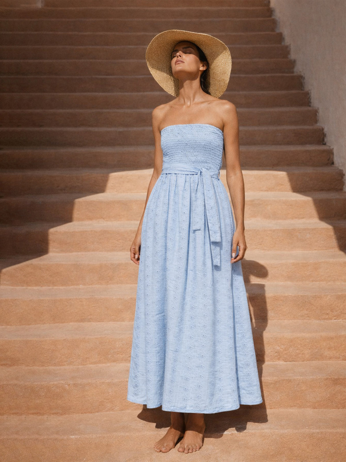Blue Schiffli Smocking Detail Midi Dress-SASSAFRAS