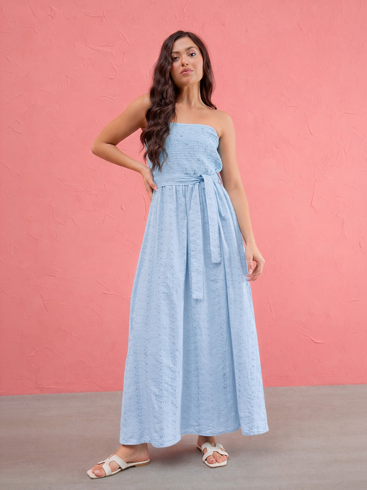 Blue Schiffli Smocking Detail Midi Dress-SASSAFRAS