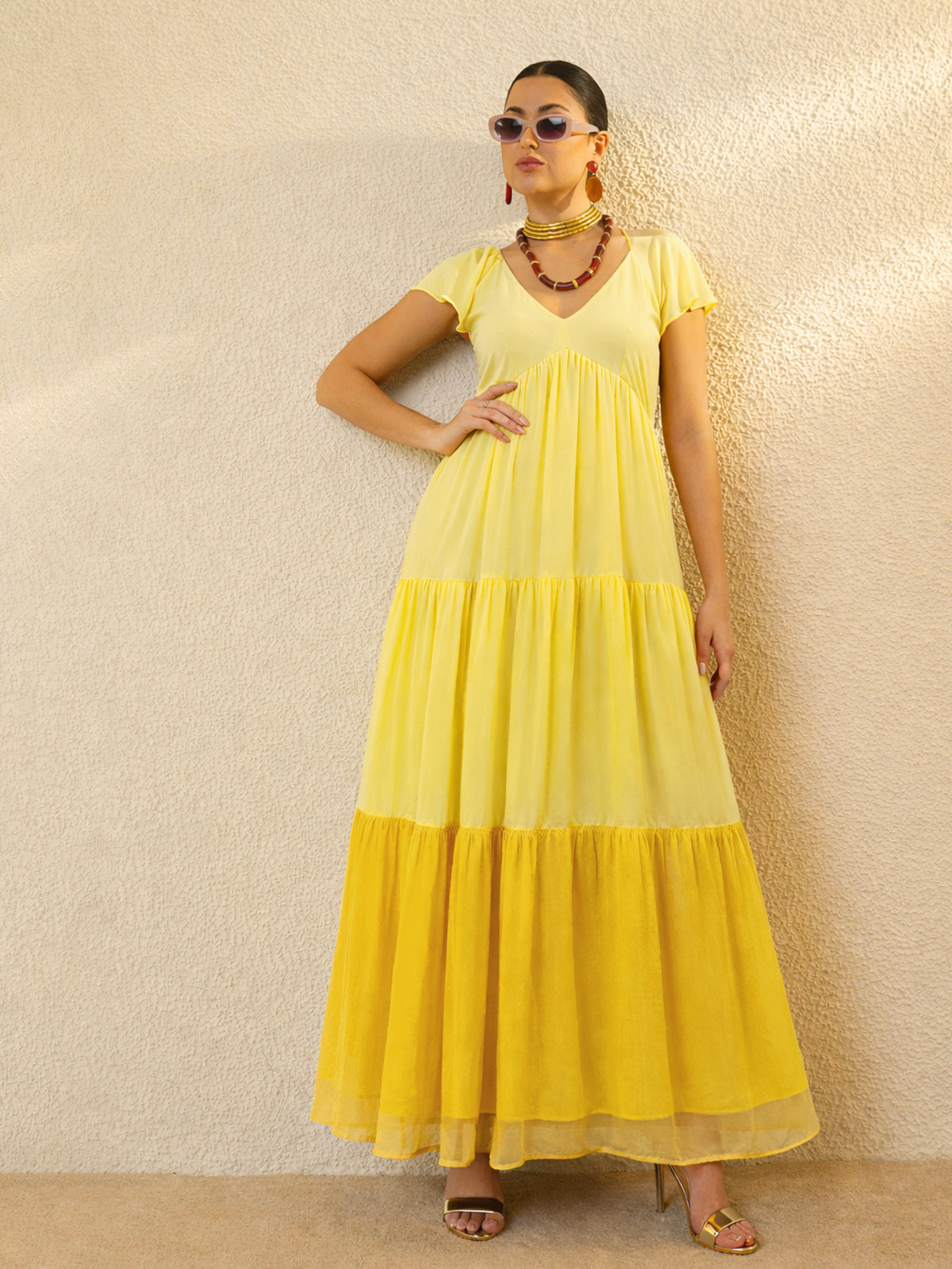 Yellow Colour Blocked Frill Sleeves Tiered Maxi Dress-SASSAFRAS